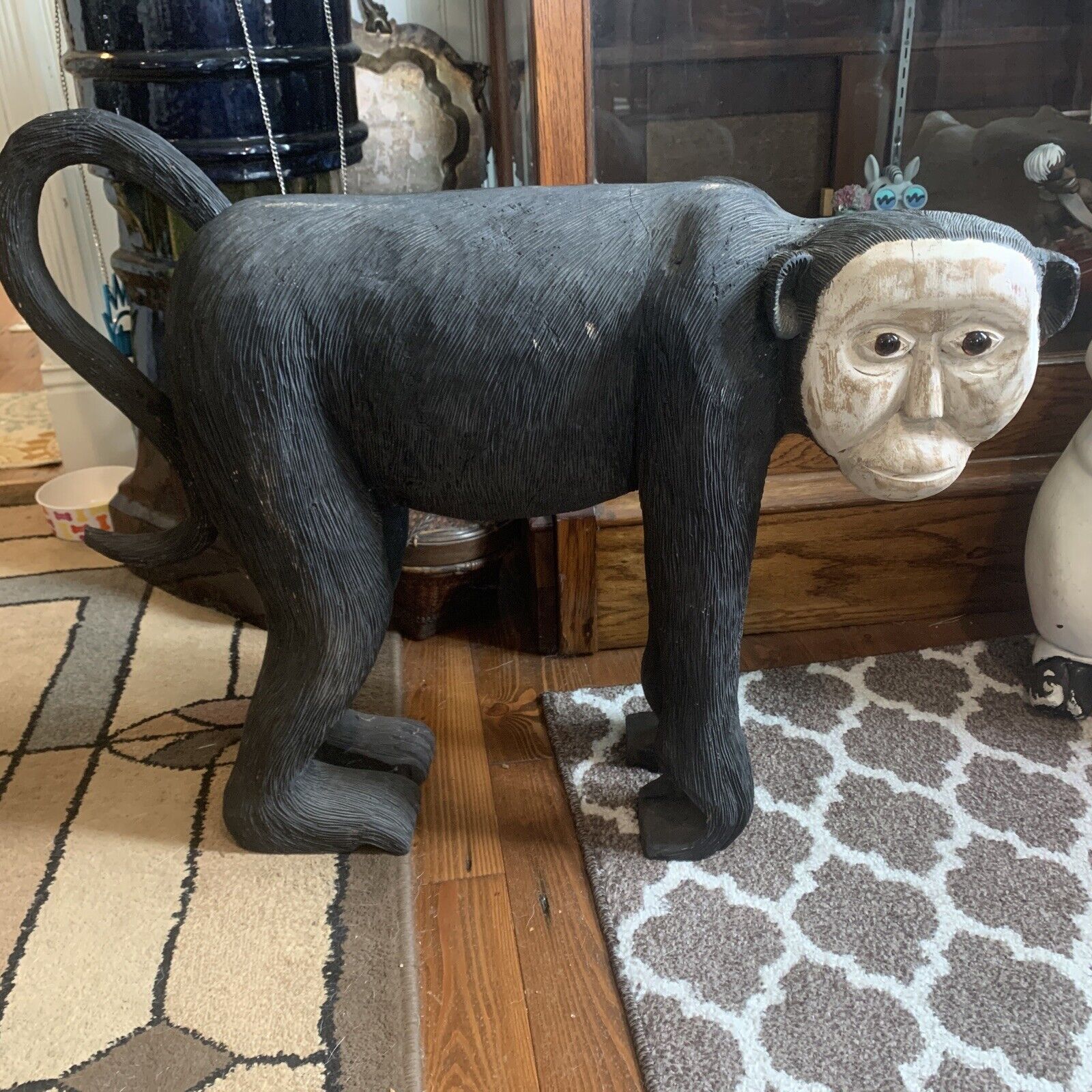 Large Hand Carved Wooden Monkey Signed 30x25”