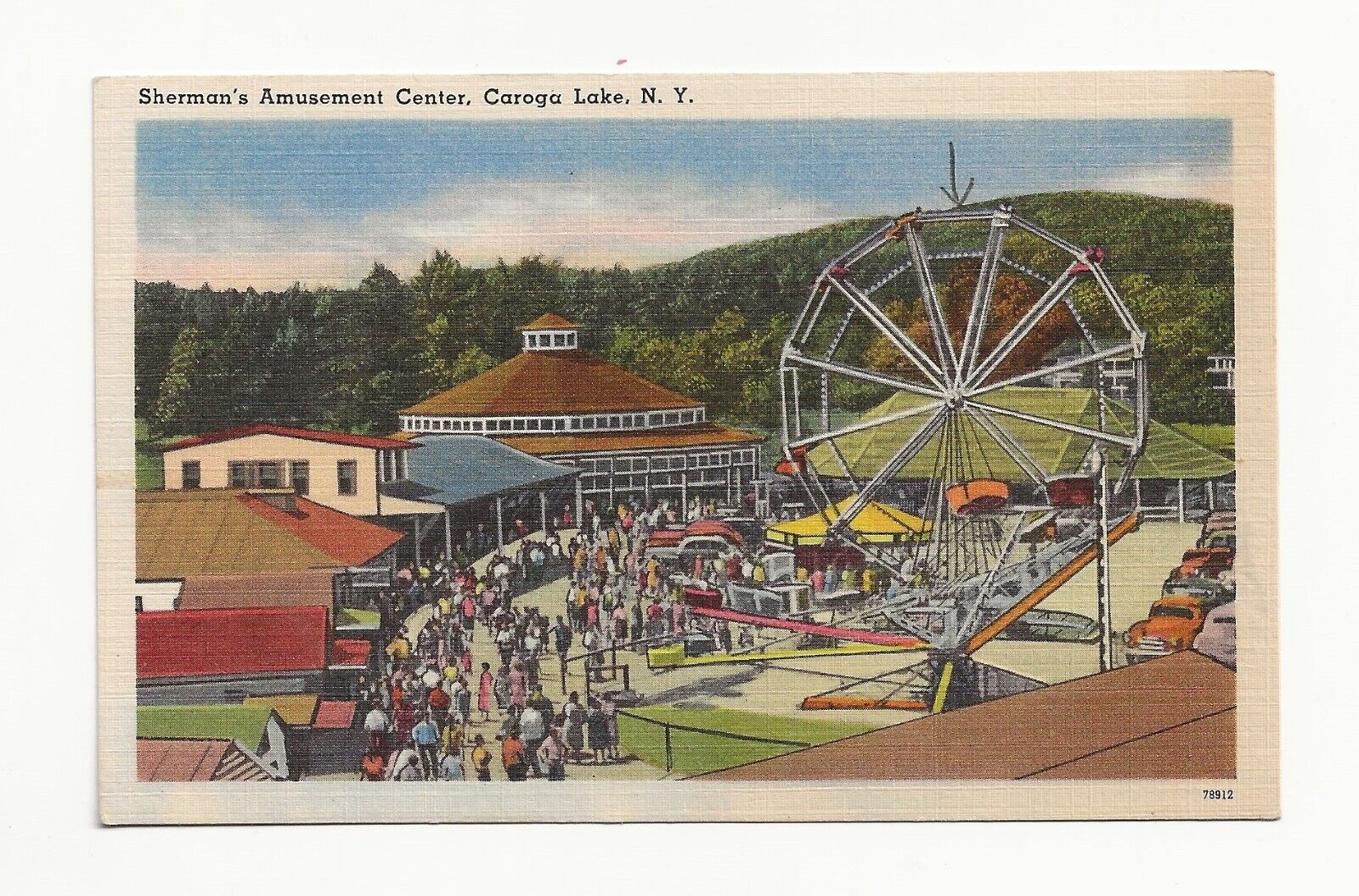 Vintage Postcard ** SHERMAN\'S AMUSEMENT CENTER * CAROGA LAKE NY * FERRIS WHEEL