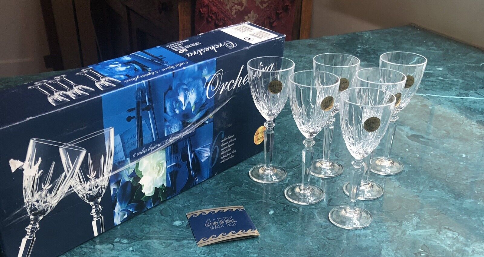 Set of 6 CAPRI Italia 24% Crystal-ORCHESTRA-Champagne Flutes Never Used