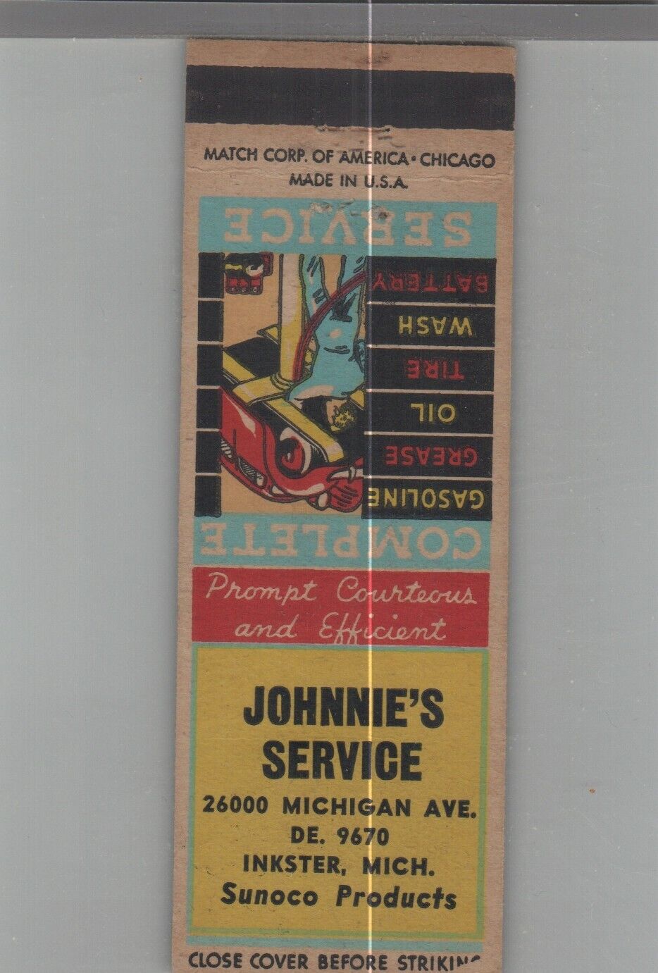 Matchbook Cover - Vintage Gas Station Johnnie\'s Sunoco Service Inkster, MI