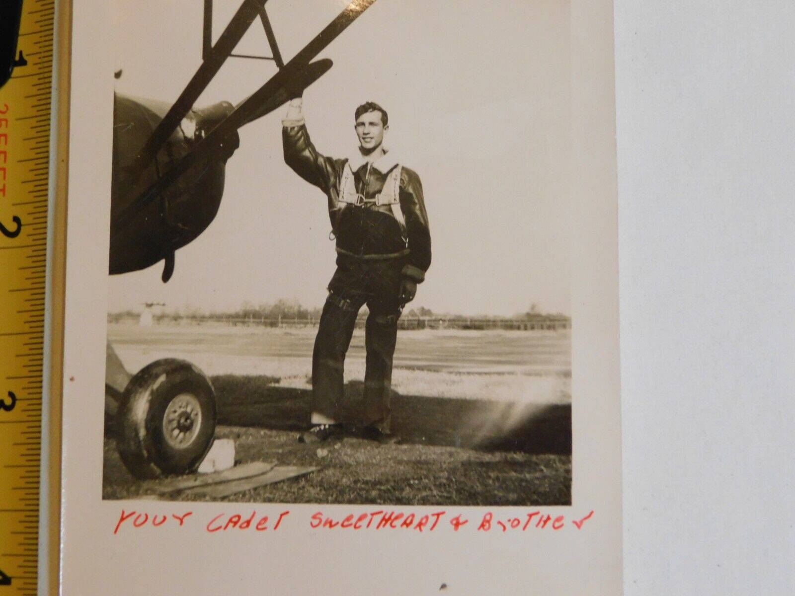 VTG PHOTO SOLDIER CADET STANDING BY AIRPLANE WITH PARACHUTE ON WW2 WWII 1943