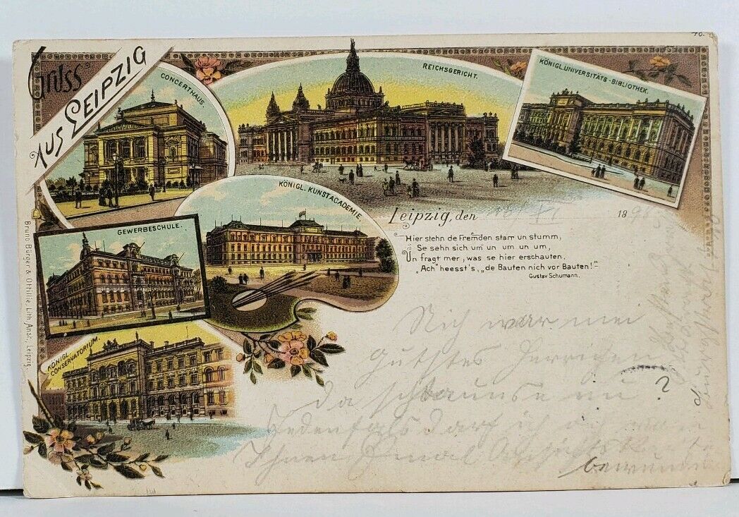 Germany Gruss Aus Leipzig Multi View Color Litho c1898 Postcard I5