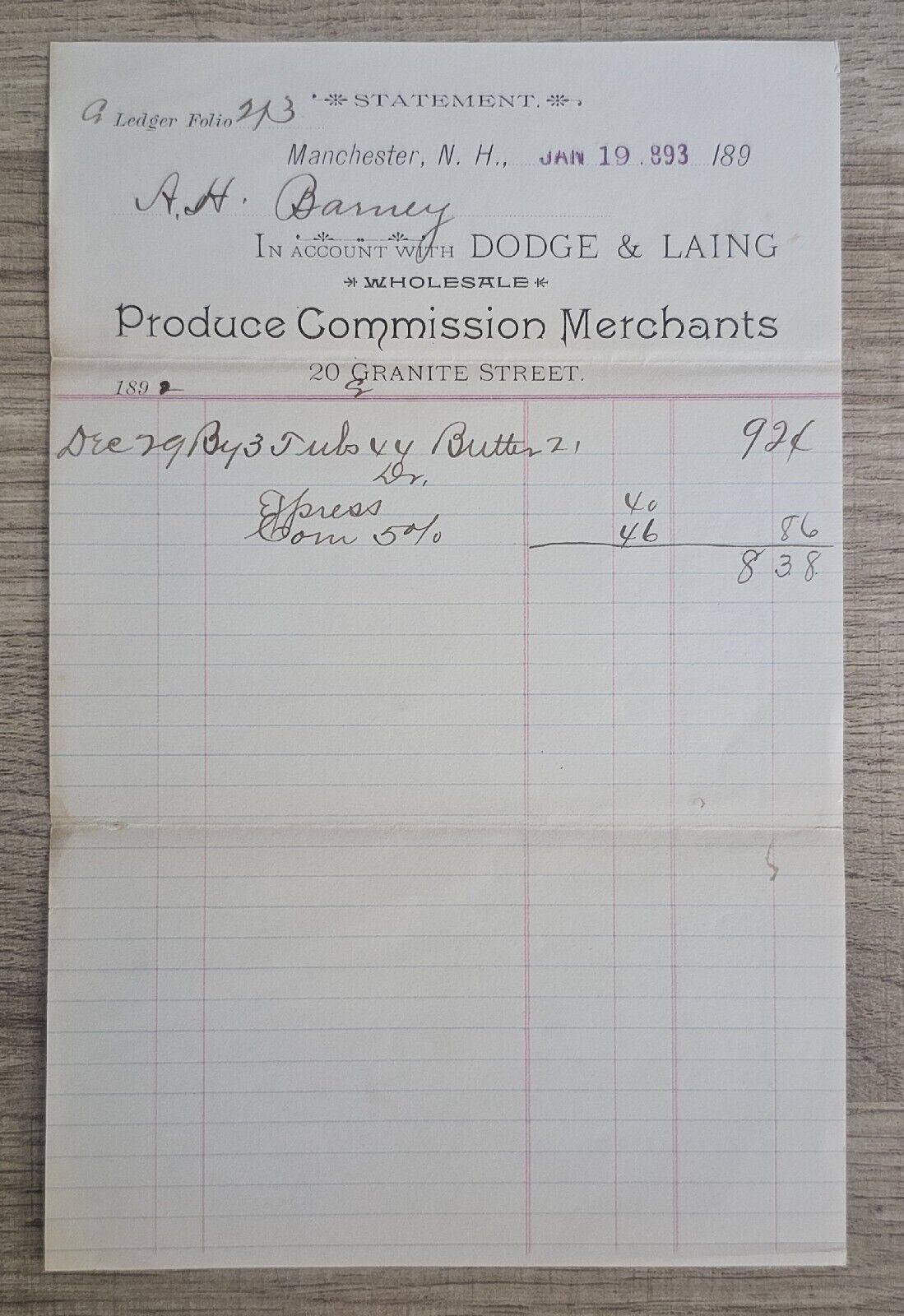 1893 Dodge & Laing Produce Merchants Billhead Receipt Manchester, NH