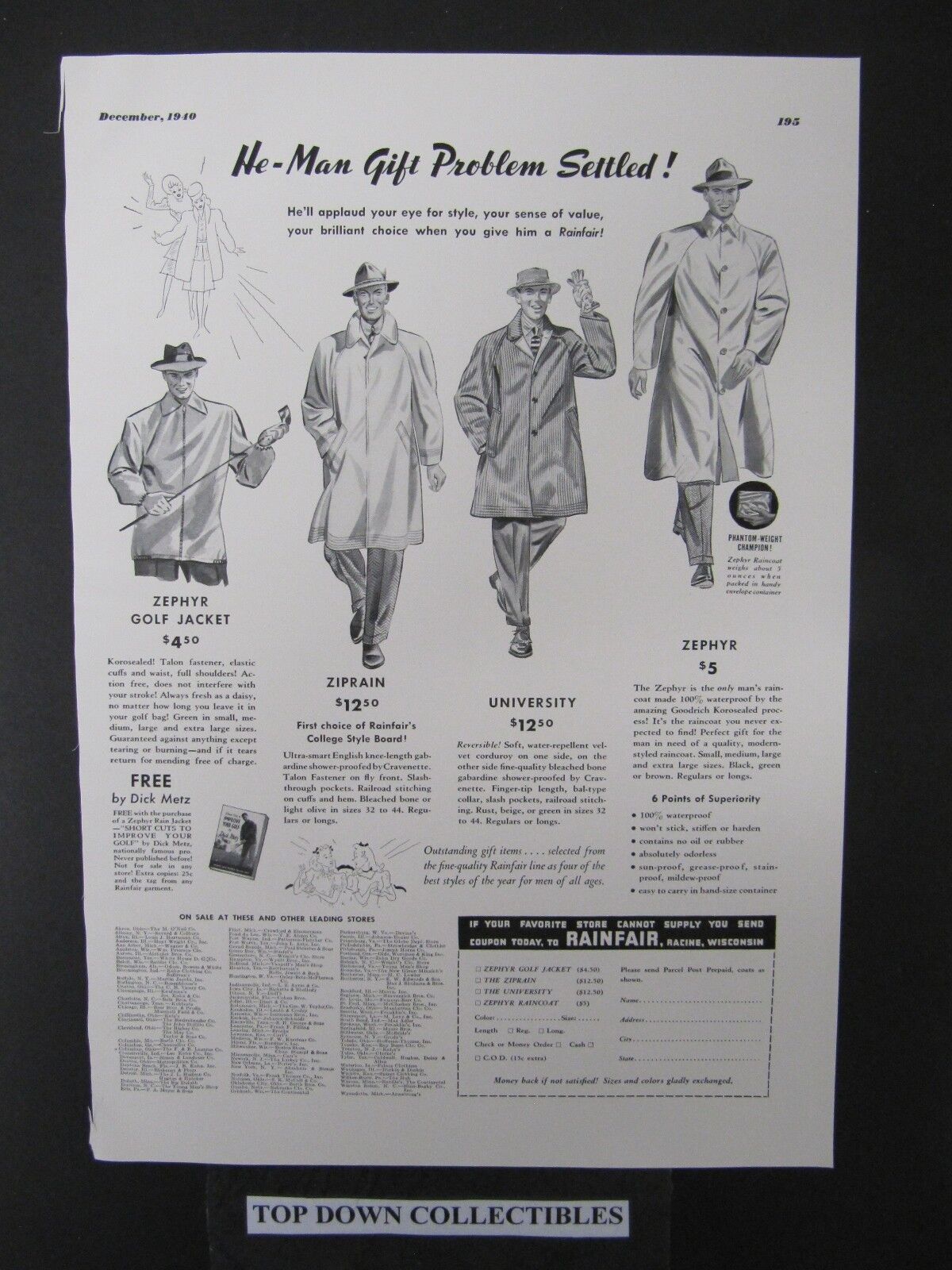 Men's Rainfair/Rolfs For Men     Vintage  ADS   1940 Esquire Mag.