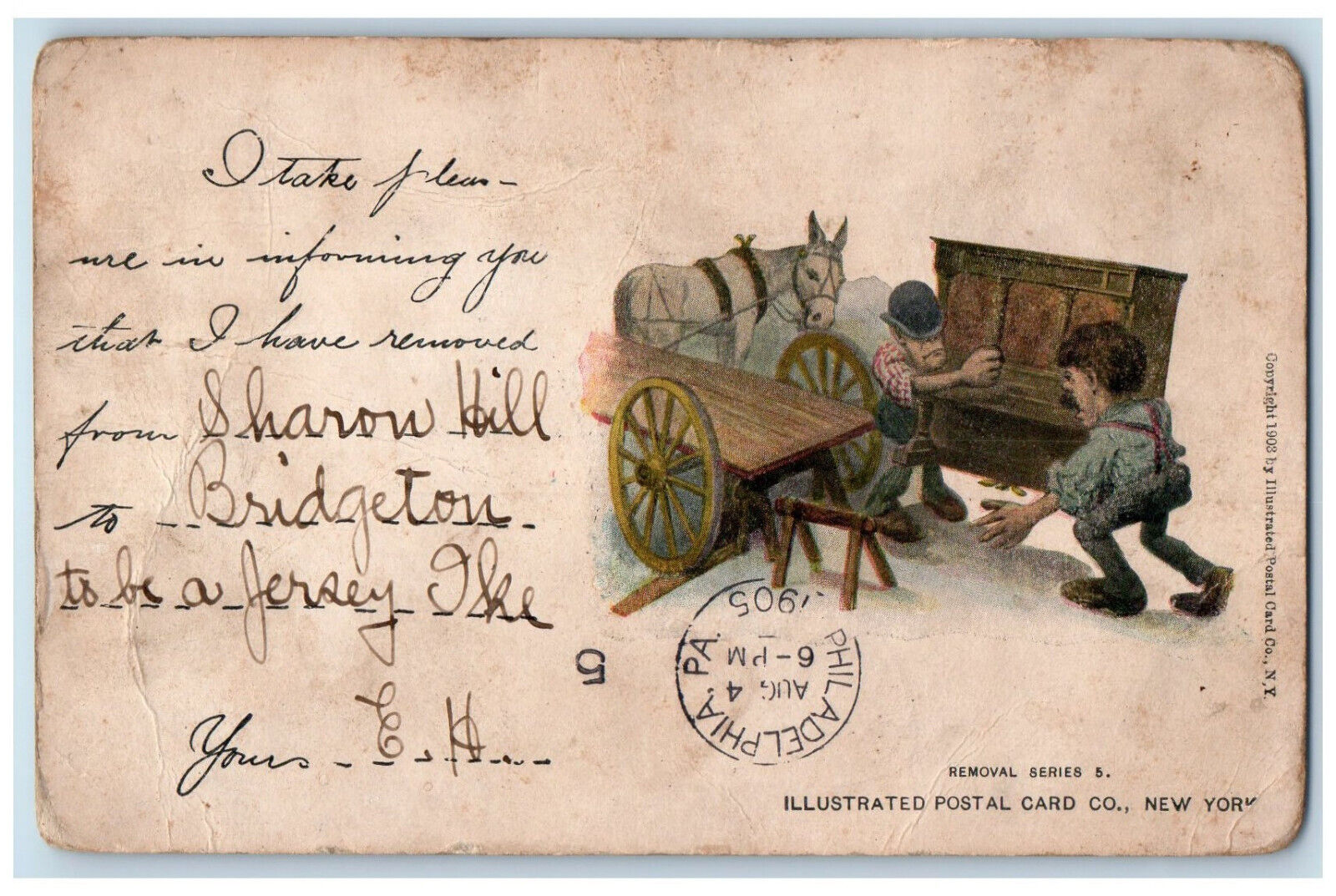 1905 Piano Moving Scene Bridgeton New Jersey NJ Antique Posted Postcard