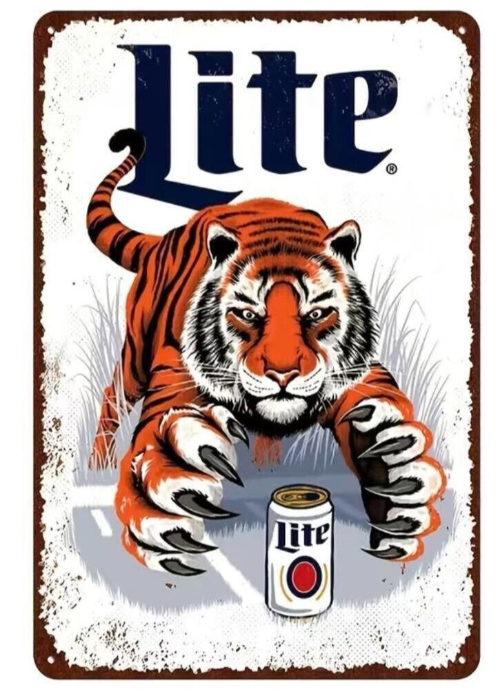 Miller Lite Tin Beer Sign - Vintage Tiger Bengals - NEW - Tin 8” X 12” Mancave