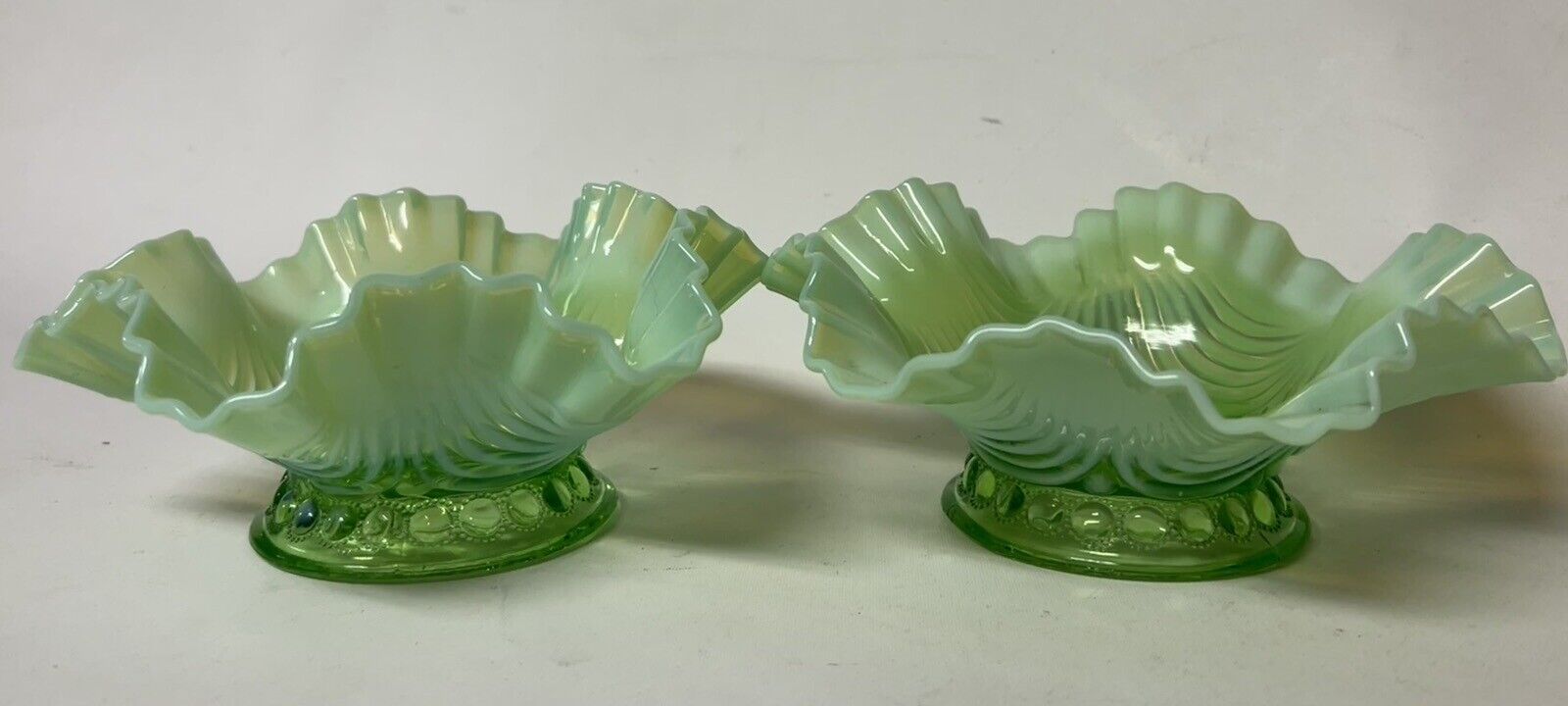 Pair of Northwood Glass Green Jewels and Drapery Ruffled Glass Opalescent Bowls