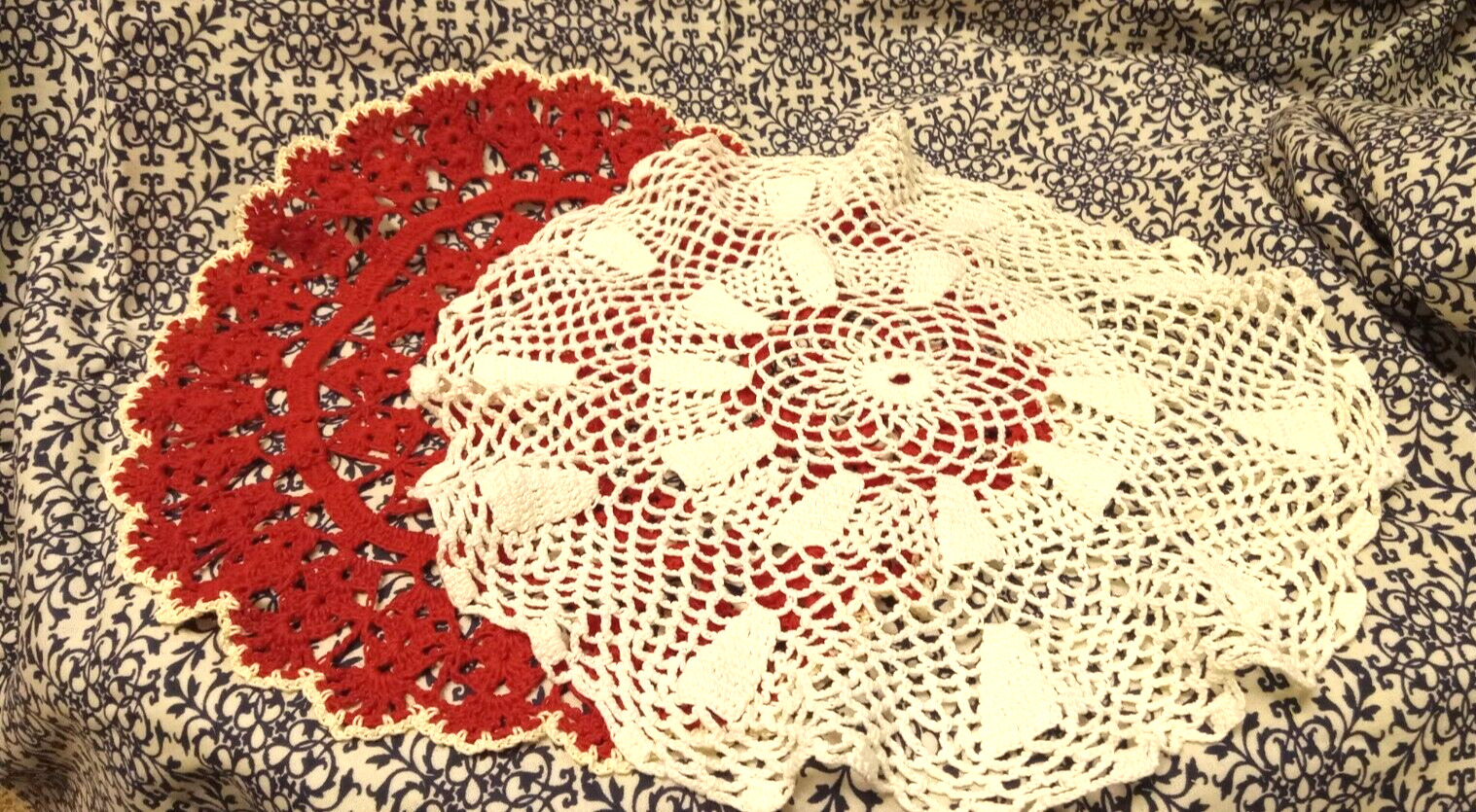 Set of two Handmade Round  9 In. Vintage Doilies 1 Red 1 White Exquisite