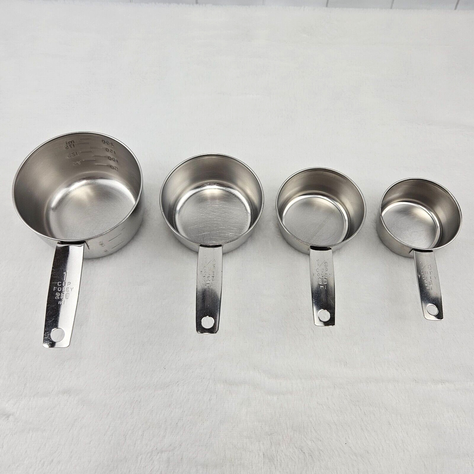 Set Of 4 Foley Measuring Cups Stainless Steel USA 1/4 1/3 1/2 1 Cup Vintage