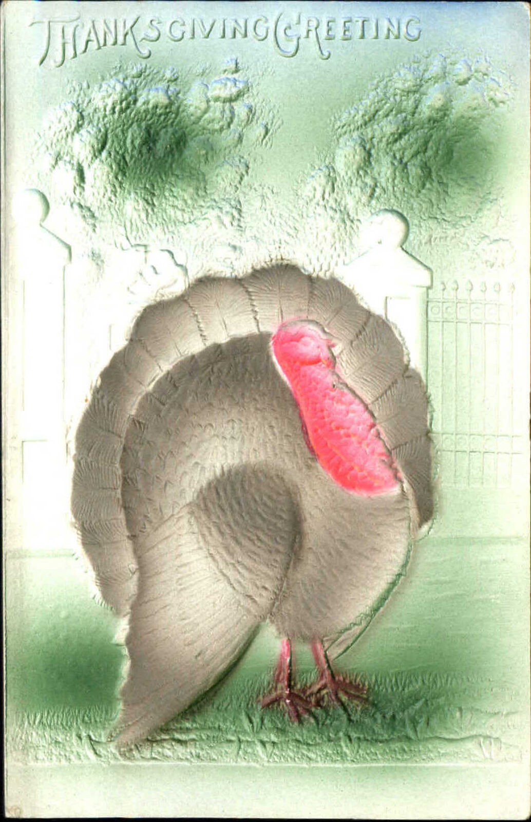 THANKSGIVING turkey flowers airbrushed embossed ~ c1910 beautiful old postcard