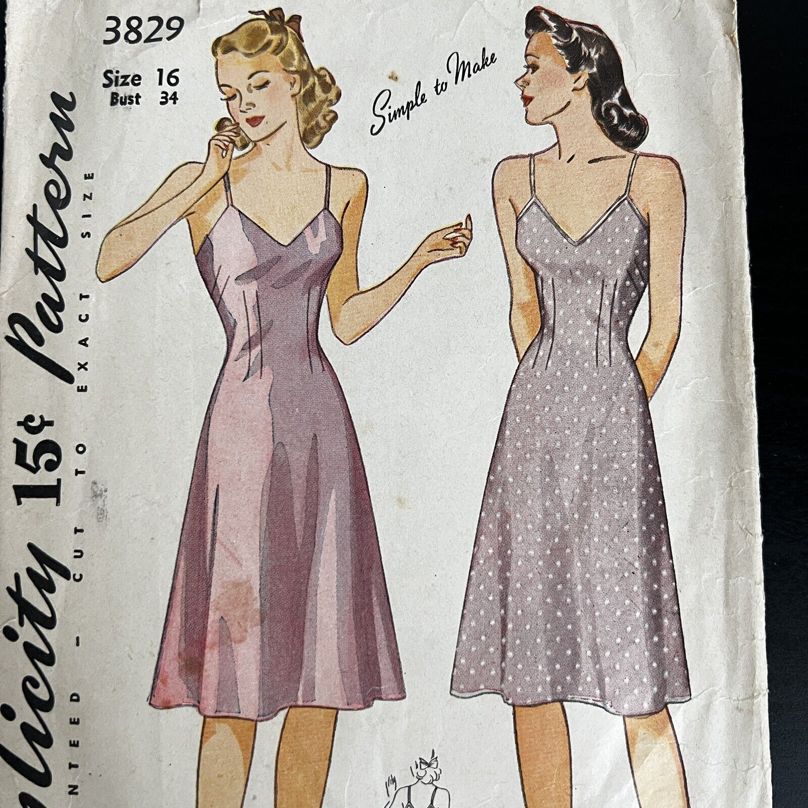 Vintage 1940s Simplicity 3829 Glam Pinup Bias Slip Sewing Pattern 16 Small USED