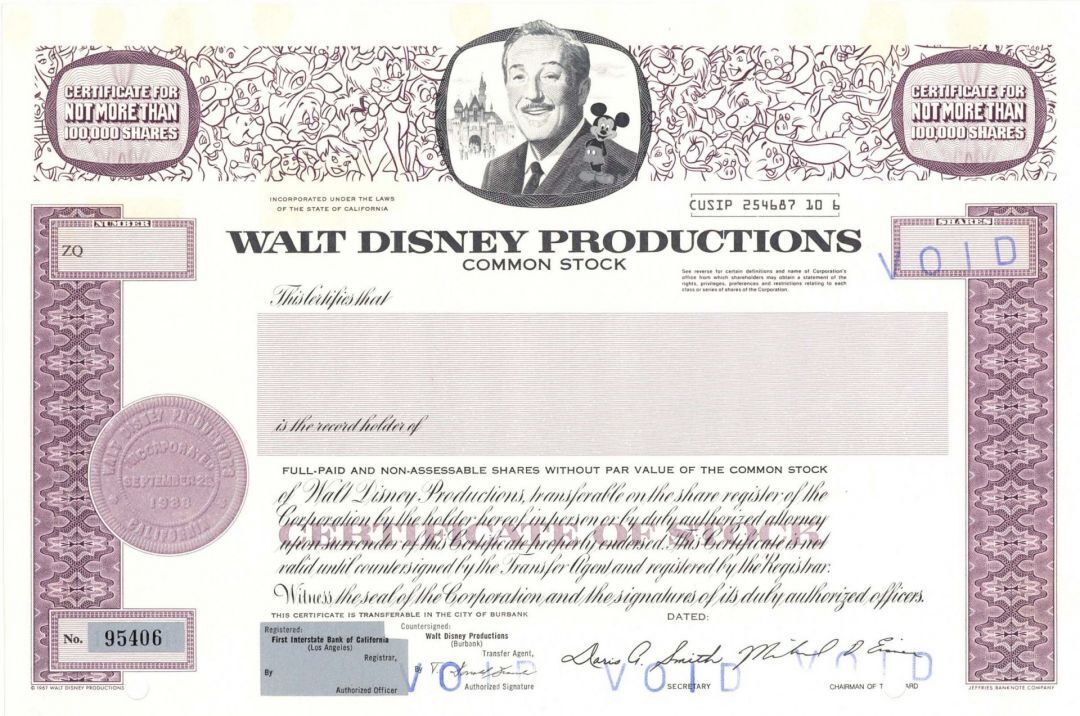 Walt Disney Productions - 1967 dated Entertainment Conglomerate Company Stock Ce