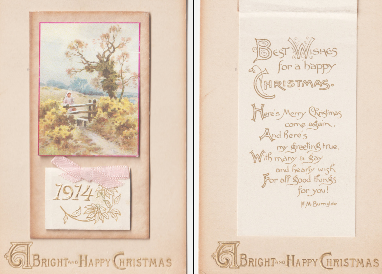 1914 Happy Merry Christmas Calendar Postcard H M Burnside Greeting Poem Embossed