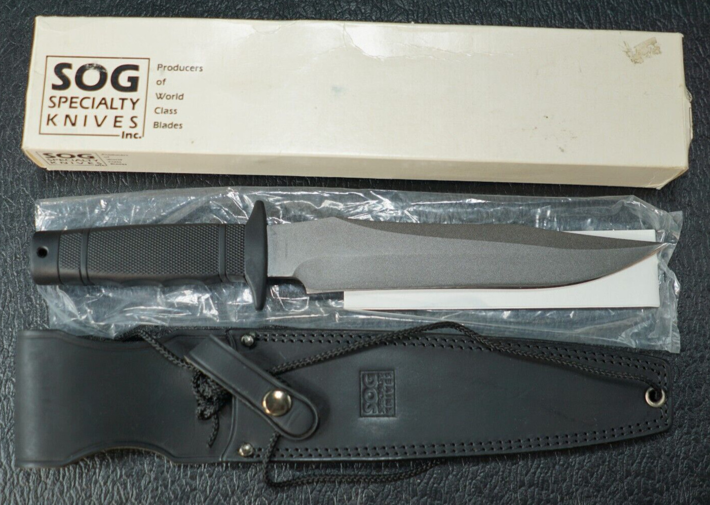 SOG Specialty Bowie Knife Tigershark w/ Leather Sheath Box Seki Japan NOS, A2