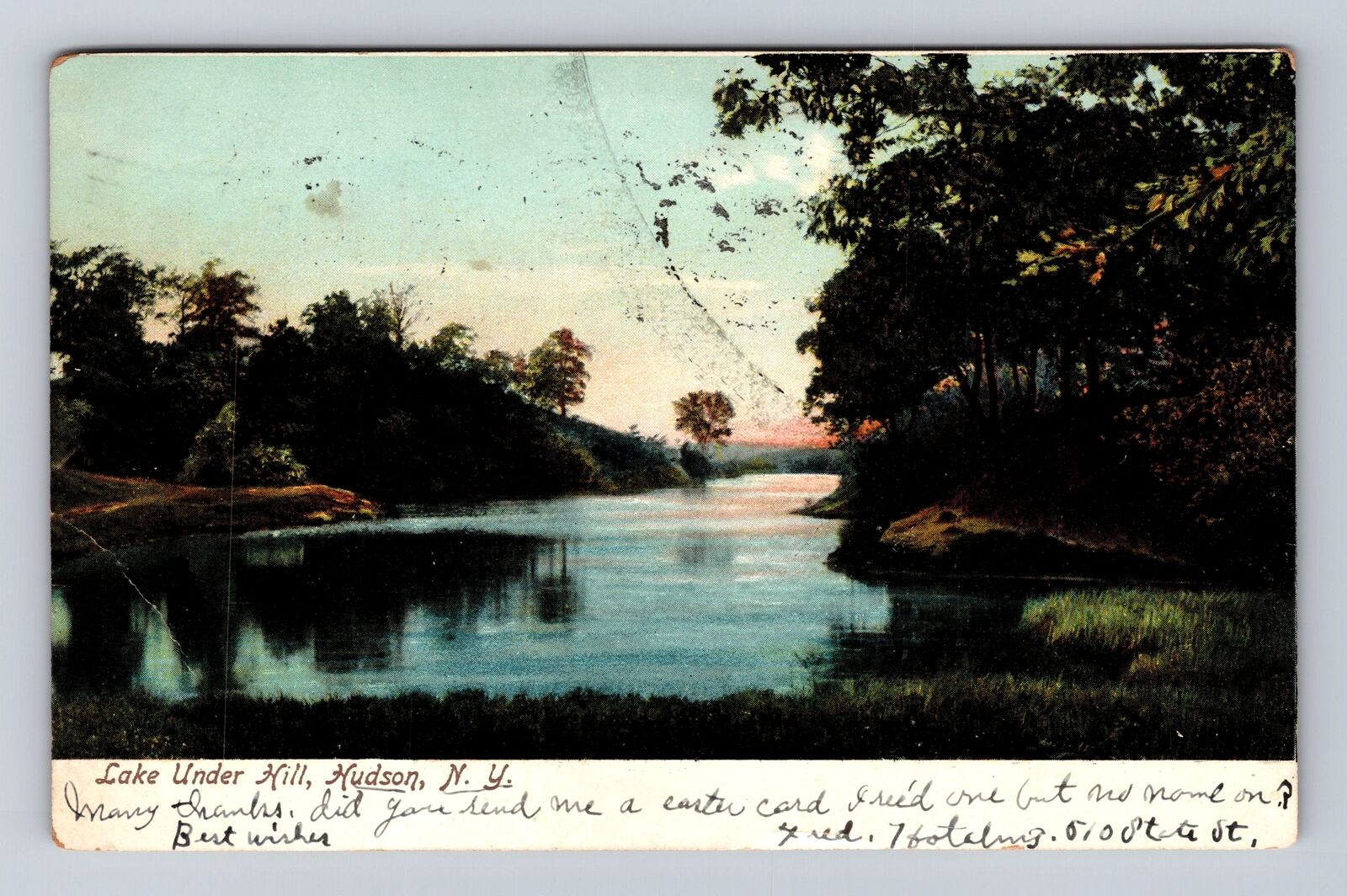 Hudson NY- New York, Lake Under Hill, Antique, Vintage c1907 Postcard