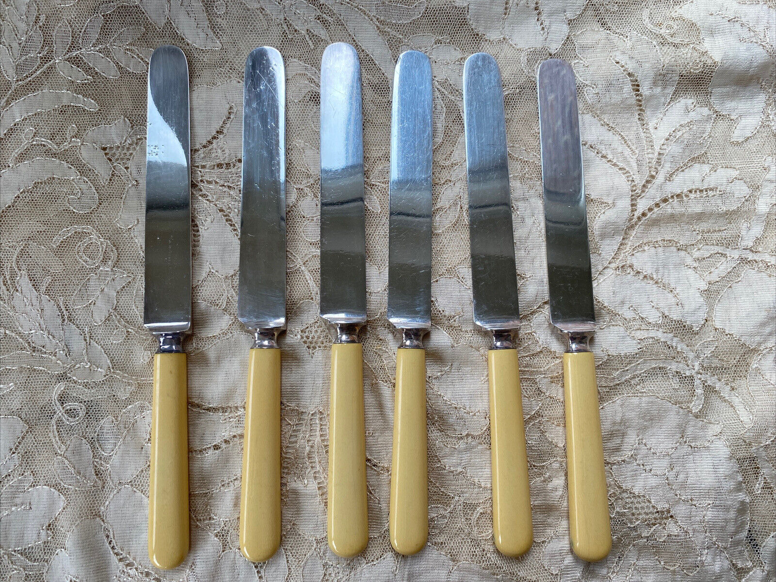 Antique Set Of 6 J. Russell & Co. 1864 Silver Plated 9.25” Dinner Knives