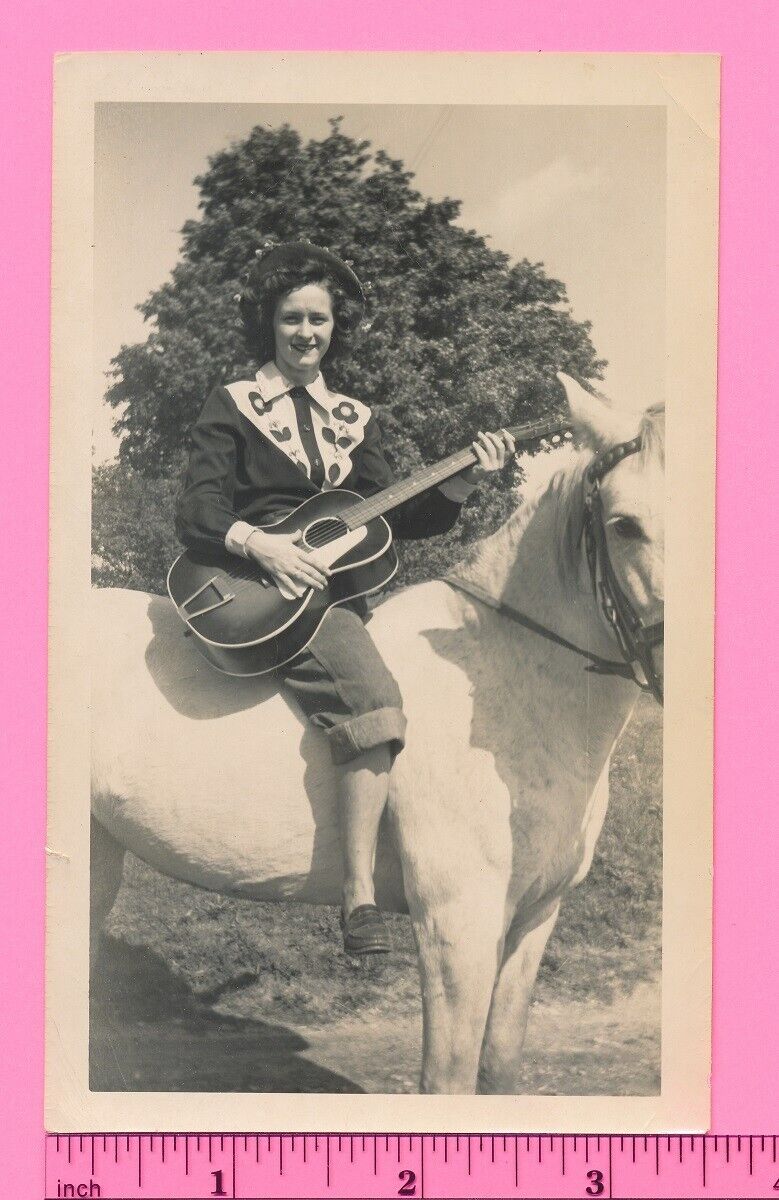 Woman Rockabilly Country Musician Holding Guitar on Horse Vintage Snapshot Photo