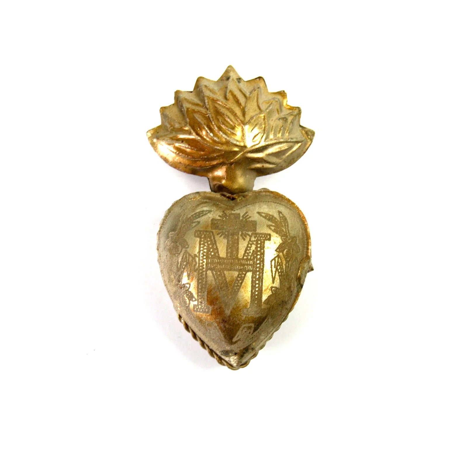 3.25in Sacred Heart Ex Voto Locket Ornament, Antiqued Silver Milagro
