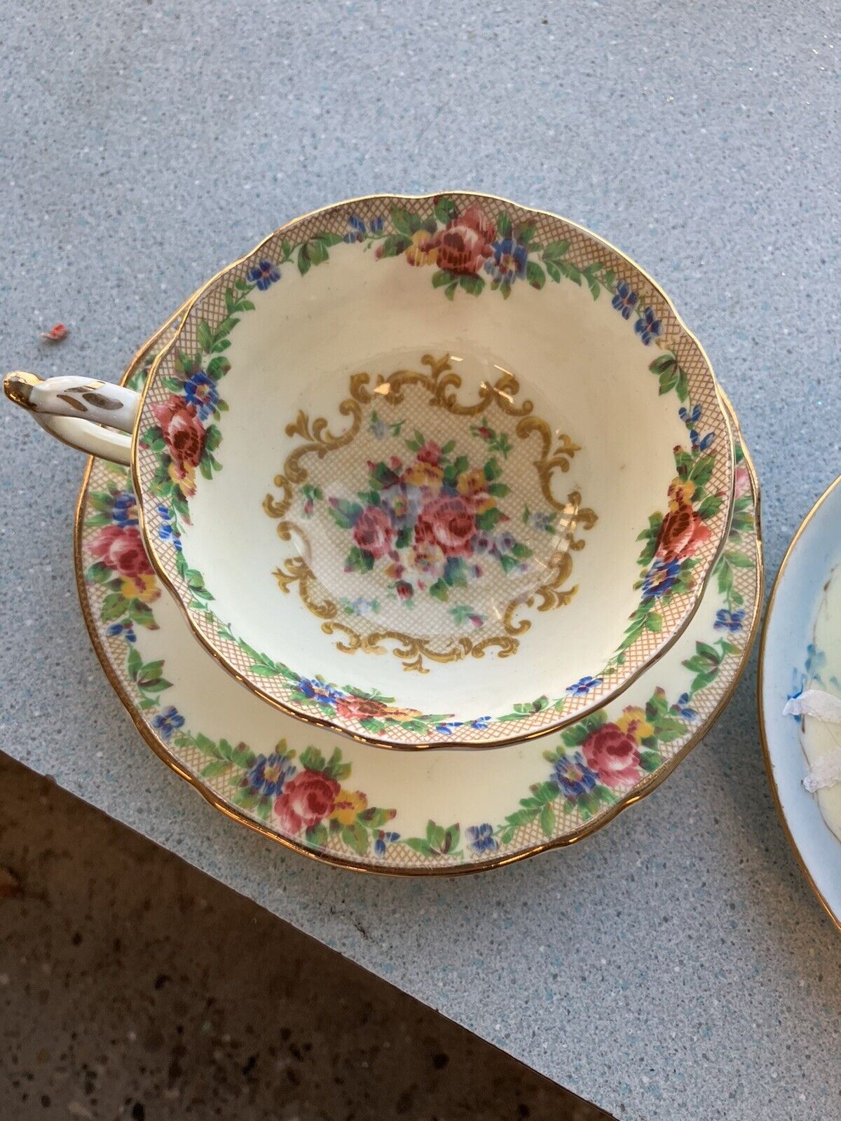 Paragon Minuet Bone China Footed Cup and Saucer Cream Gold Trim Pink Blue Floral