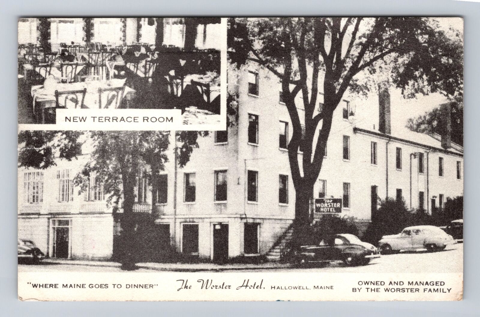 Hallowell ME-Maine, The Worster Hotel, Antique, Vintage c1953 Souvenir Postcard