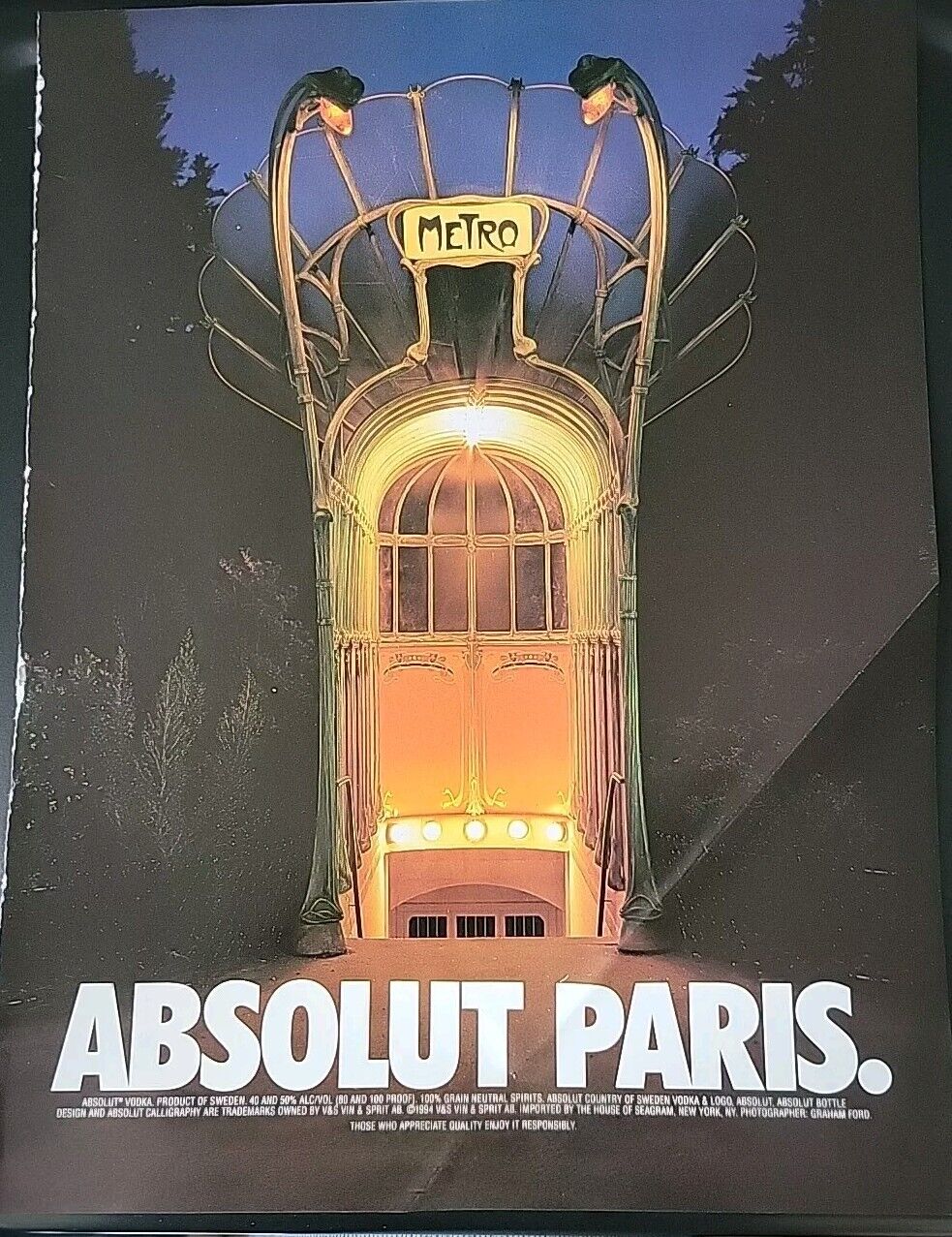 1994 Absolut Paris Vodka Metro  Vintage ad AS IS