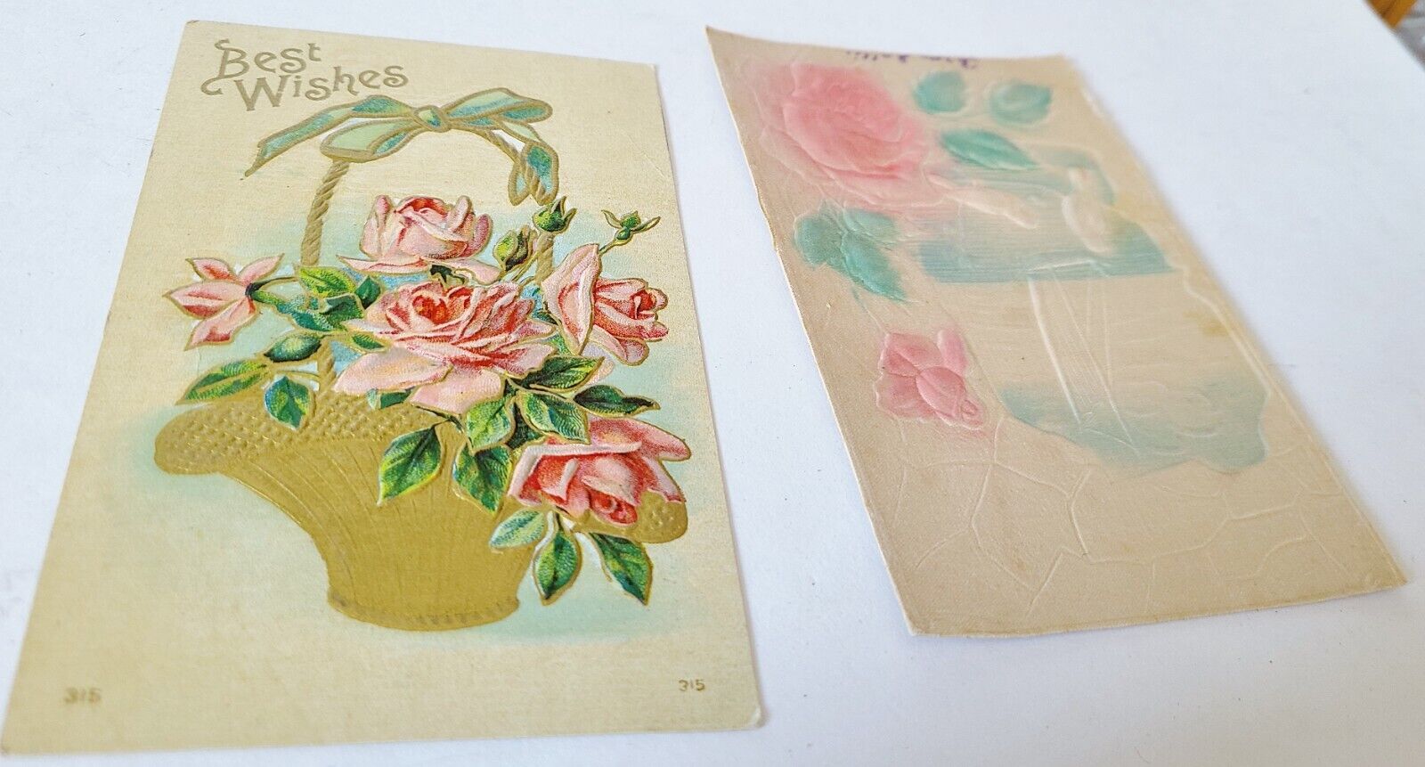 2 Antique Greetings Postcards Best Wishes Roses Embossed