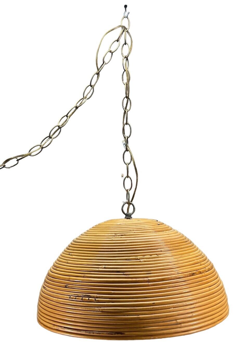 Vintage Large 1970’s Rattan Bamboo & Brass Loop Pendant 18 Inch Hanging Light