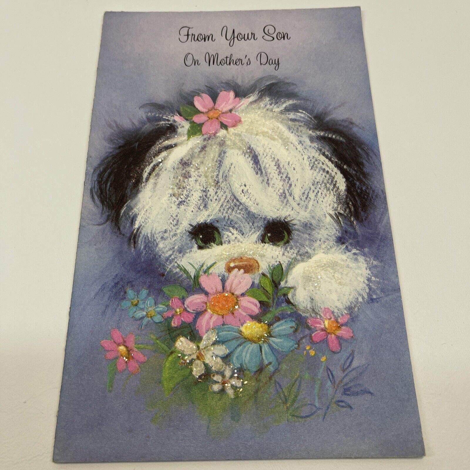 Vtg 70s  Unused Mothers Day Card Puppy Dog Flowers Glitter  American Greetings