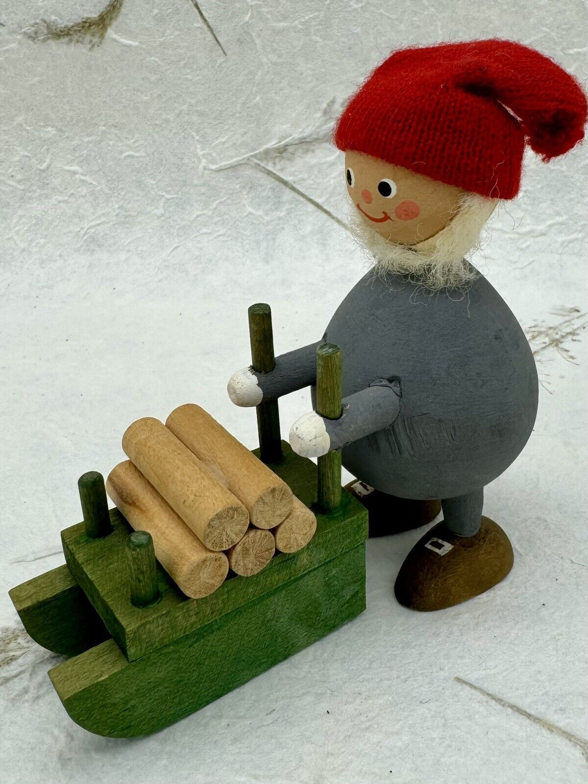 Vintage Bo Strom 1970s Wooden Swedish Figure Elf Santa Sled W/ Wood Log Folk Art