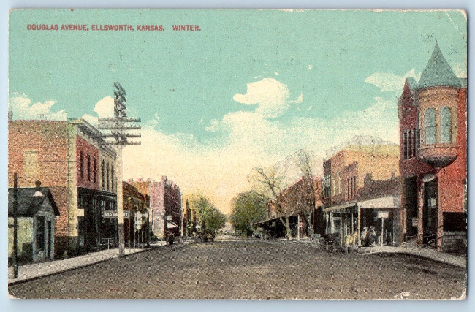 Ellsworth Kansas KS Postcard Douglas Avenue Winter Scene Buildings Street 1910
