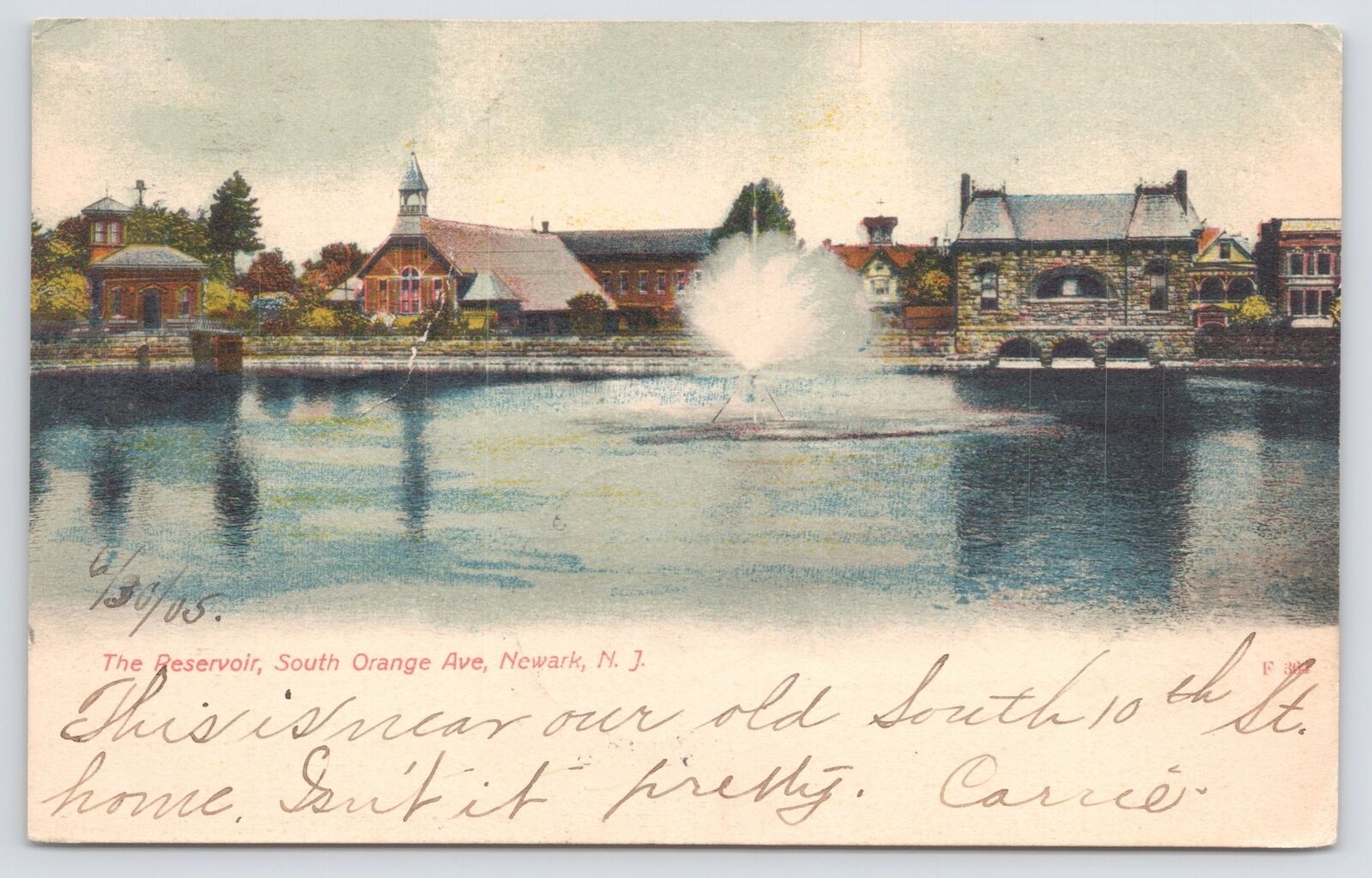 Newark NJ~The Reservoir W/ Fountain @ South Orange Ave~PM 1905~Vintage Postcard