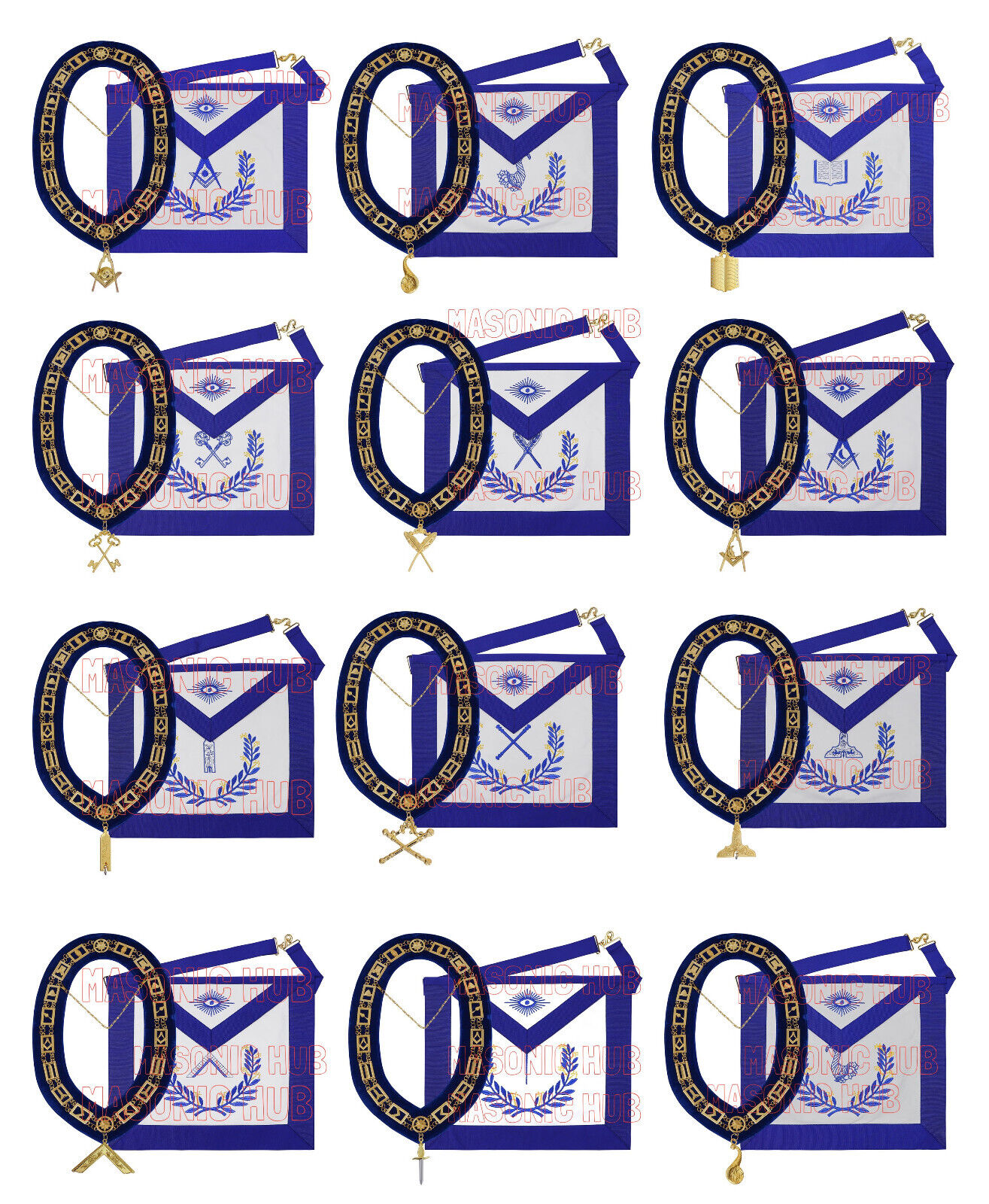 Masonic Regalia Blue Lodge Officer Aprons & Chain Collars with Jewels Set of 12