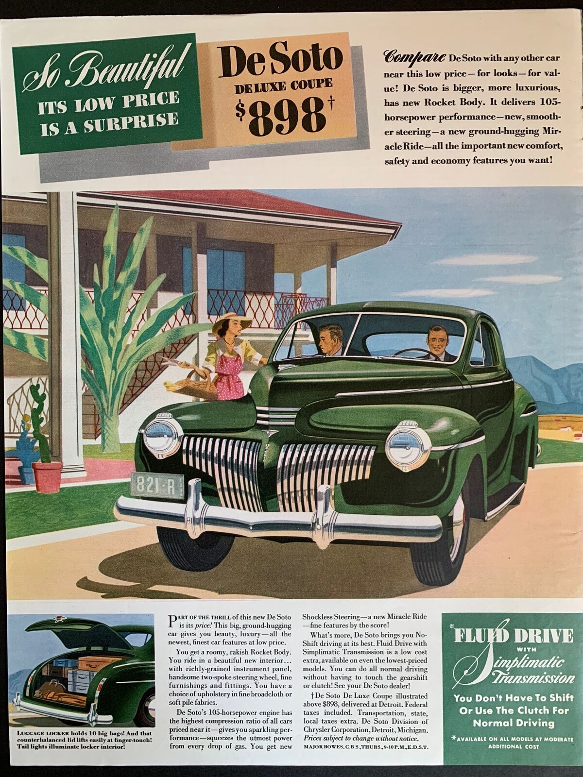 Vintage 1941 DeSoto DeLuxe Coupe Automobile Ad