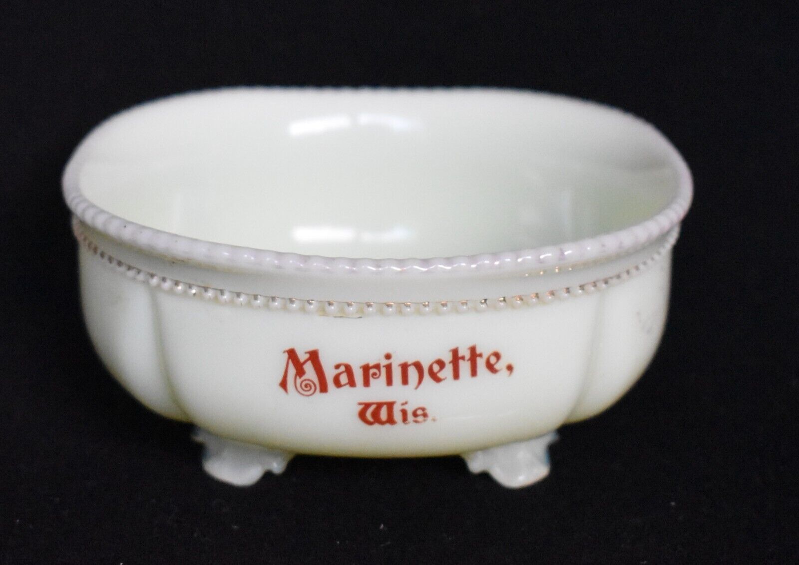 Vintage Souvenir Custard Glass 4 Footed Bowl - marked \