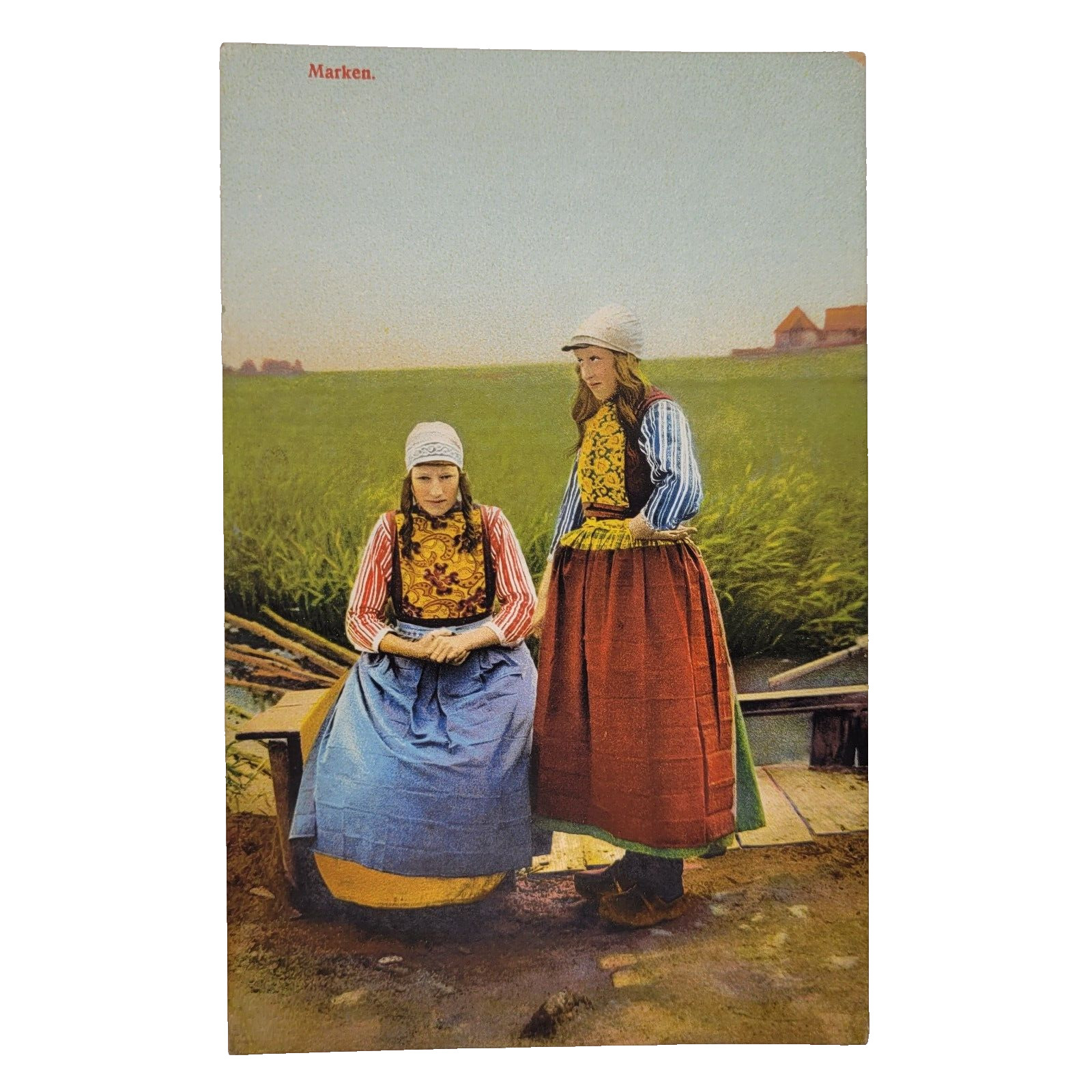 Antique 1910s Dutch Girls on Marken Traditional Dress Colorful Postcard Unused