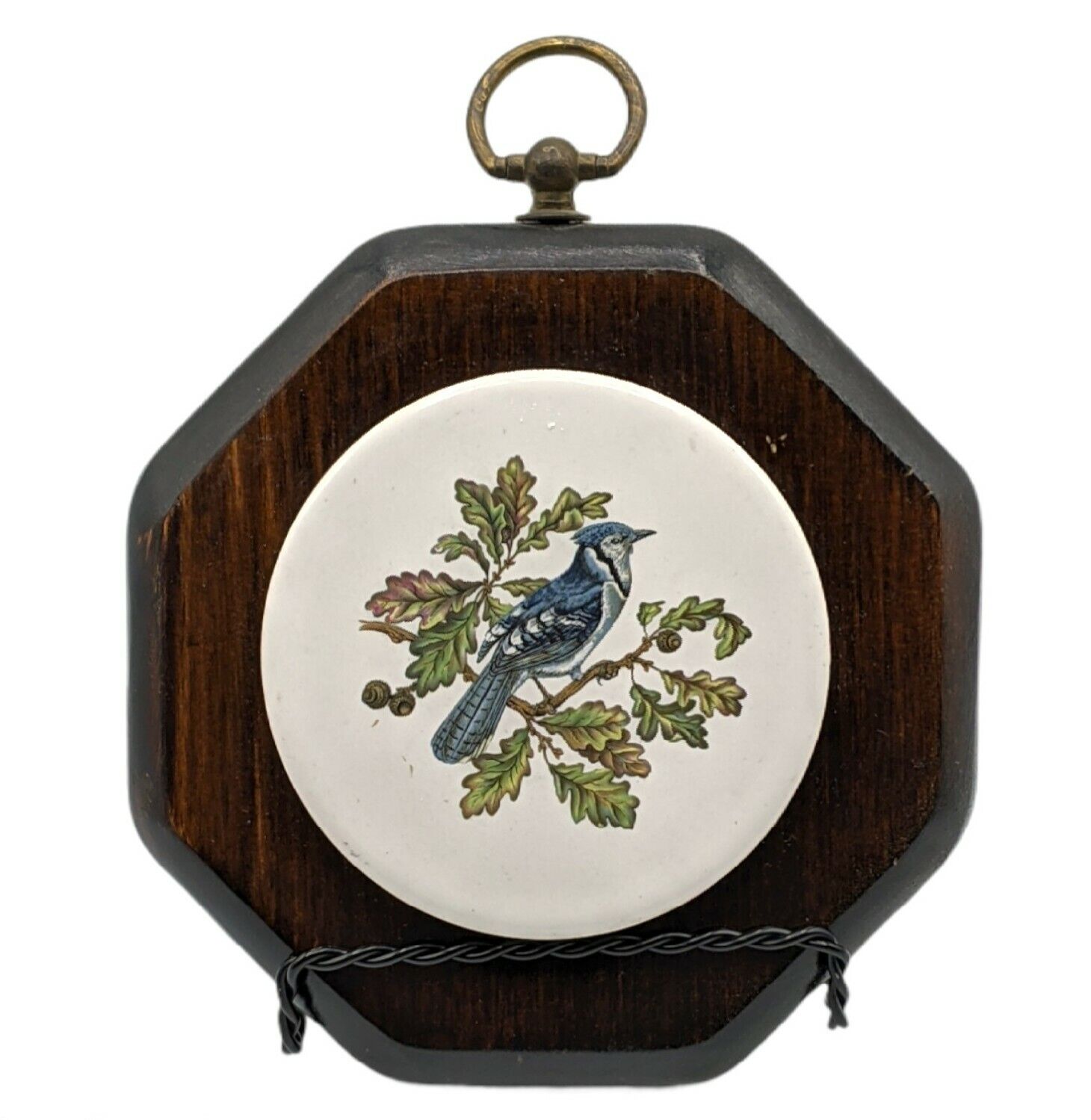 Vintage Round Ceramic Tile on Wood Wall Plaque Bluejay Oak Tree Cottagecore Boho