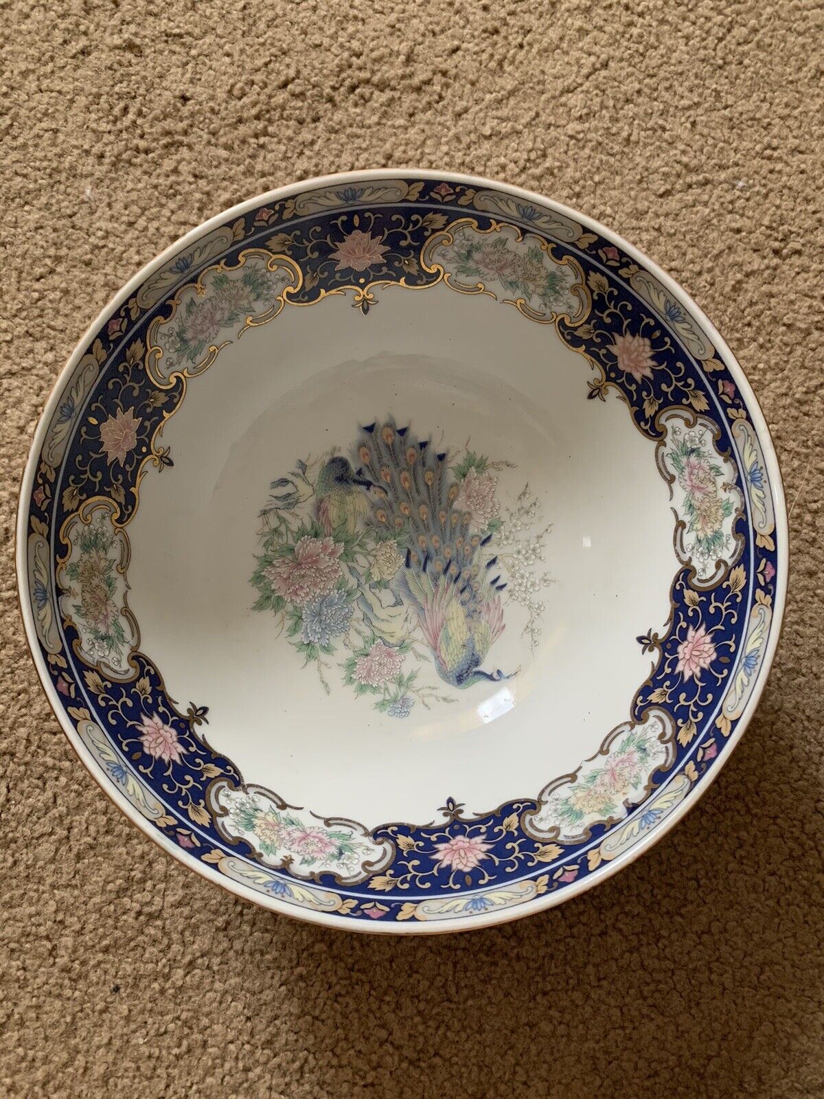 Vtg TOYO JAPAN Large 8’ Round CENTERPIECE Peacock  BOWL Blue Gold Asian