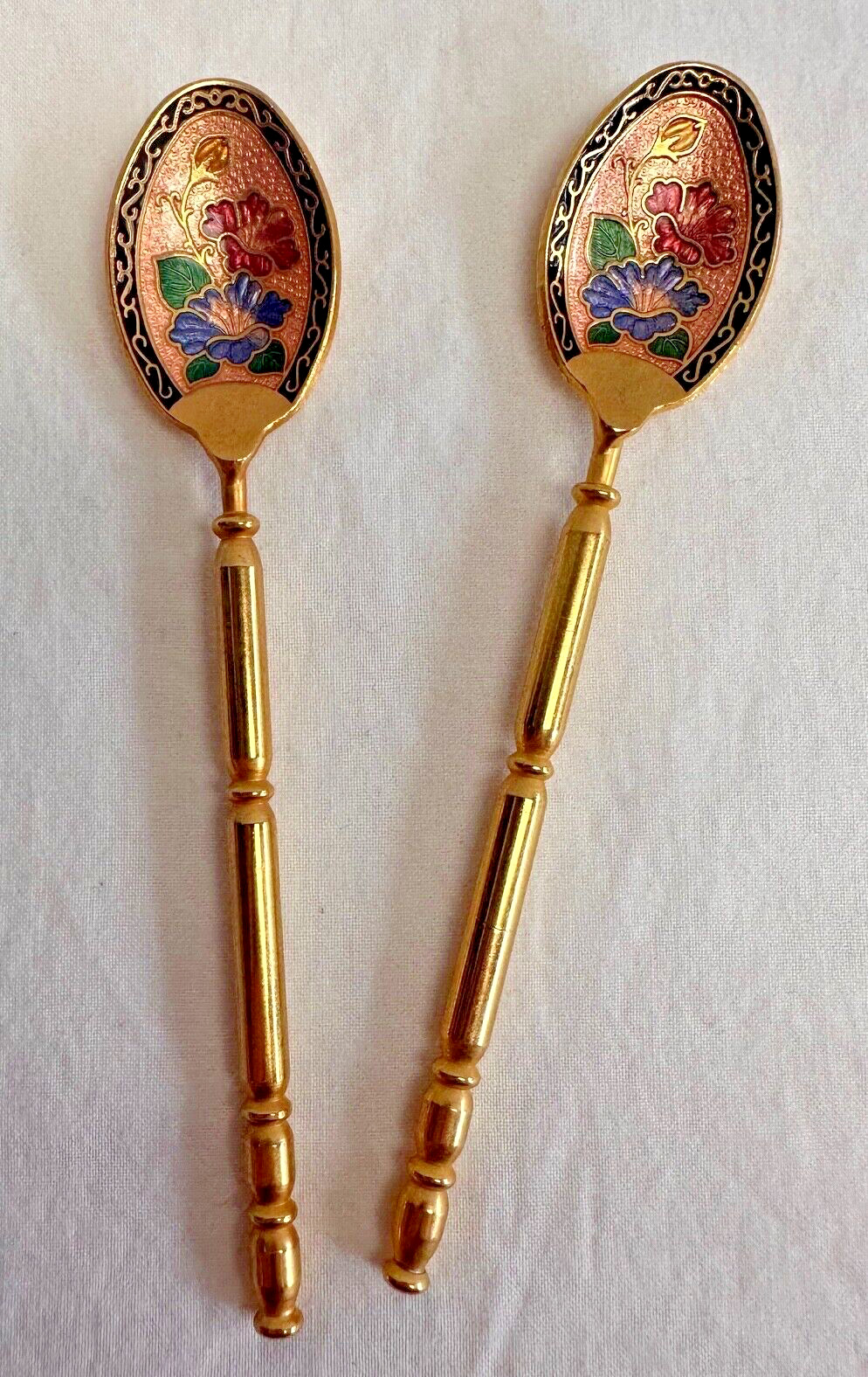 Vintage Cloisonne, Floral, Gold Tone Spoons- Pair