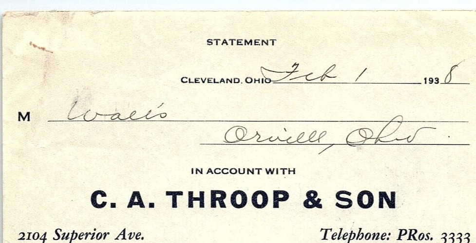 1938 C.A. THROOP & SON COATS-DRESSES CLEVELAND OHIO BILLHEAD STATEMENT Z3458