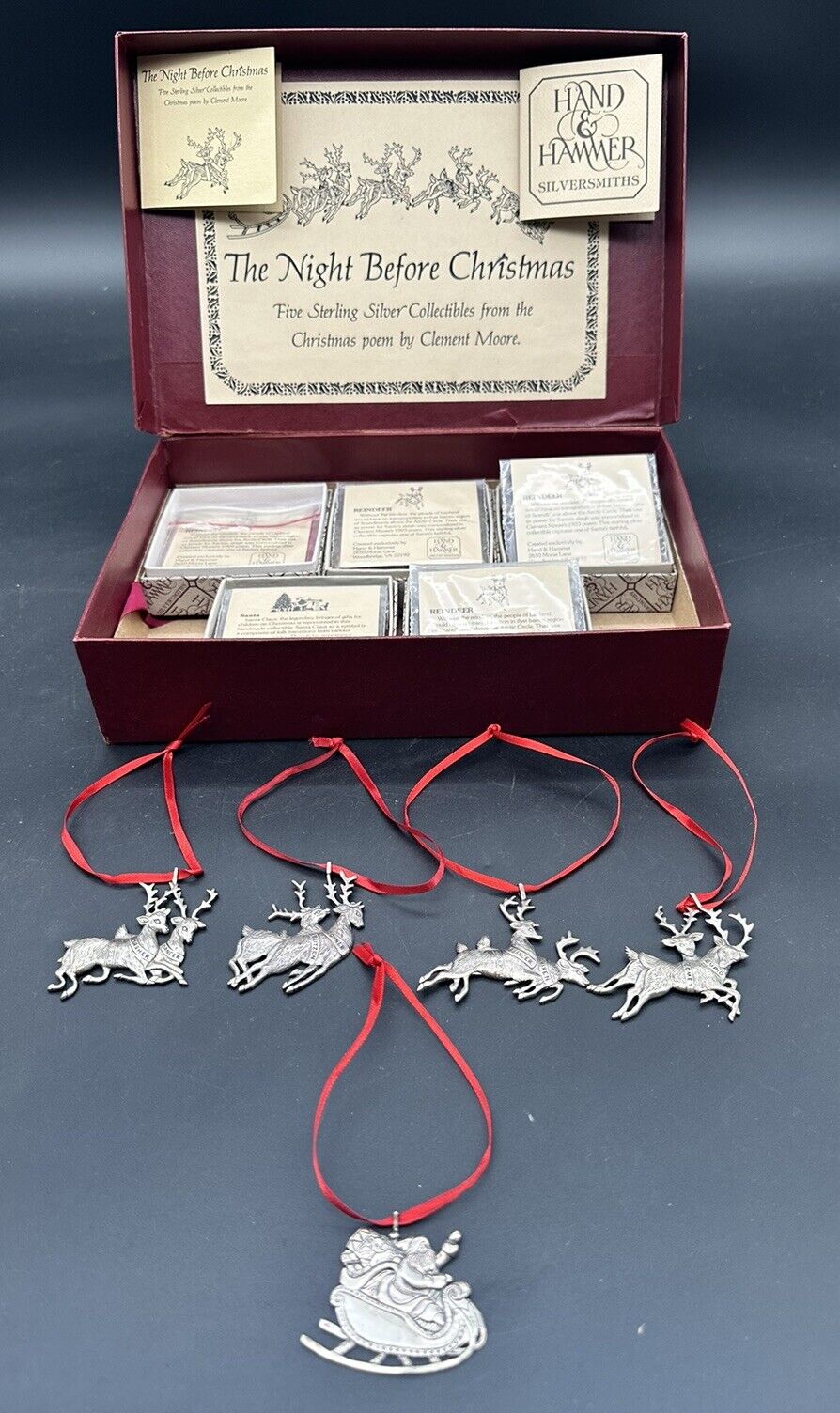 Hand & Hammer Sterling Silver Set of 5 Night Before Christmas Ornaments Orig Box