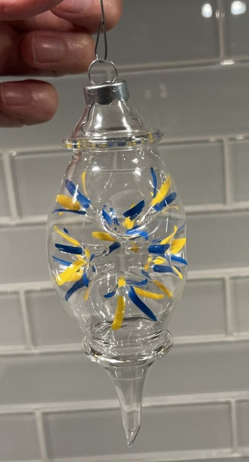 Vintage HandBlown Art Glass Ornament Trumpet Indented Teardrop Blue/Yellow COOL
