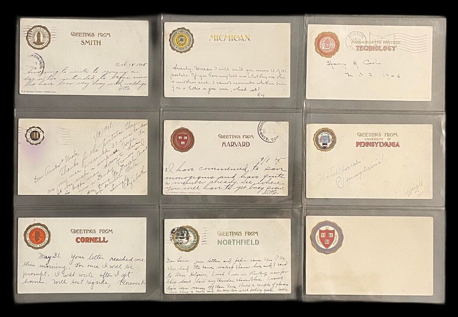 Top rare lot american universities greetings 1905-1908 Harvard studentika seals