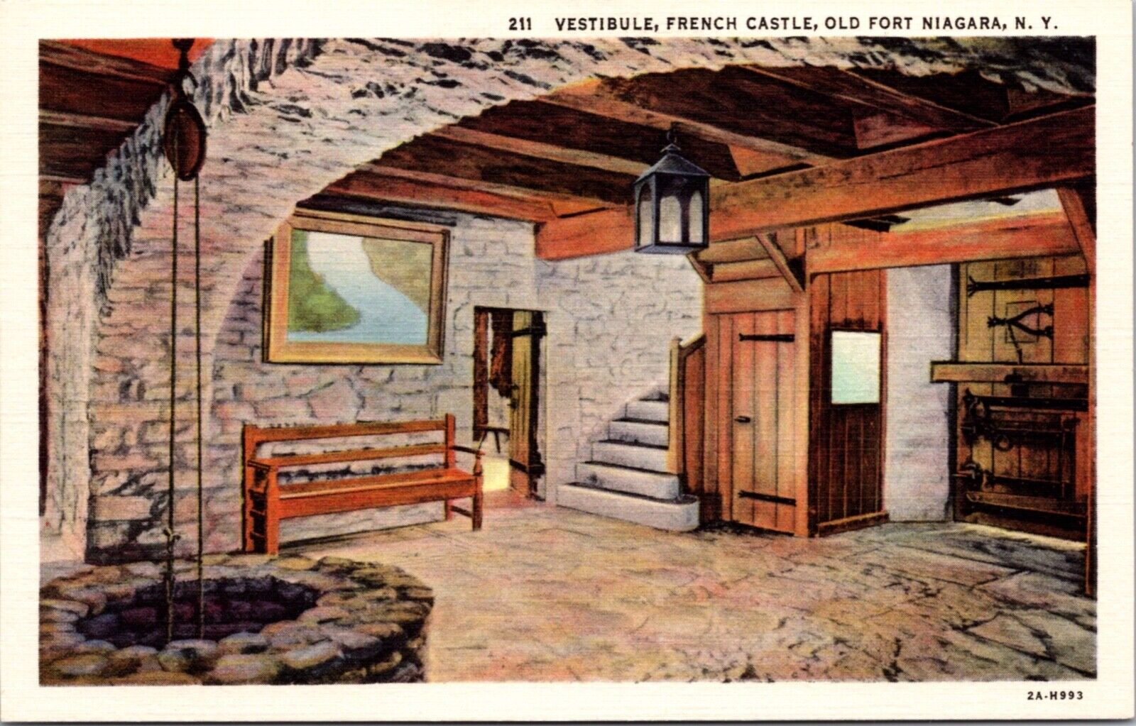 Linen Postcard Vestibule, French Castle, Old Fort Niagara, New York