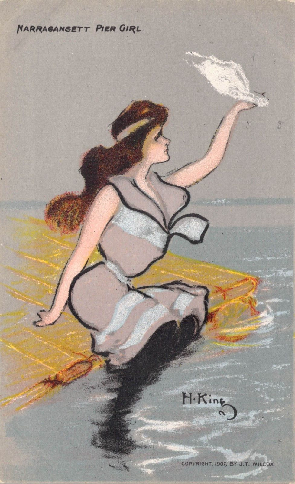 Narragansett Pier Girl NJ Bathing Beauty H King c1907 Wilcox Postcard Signed