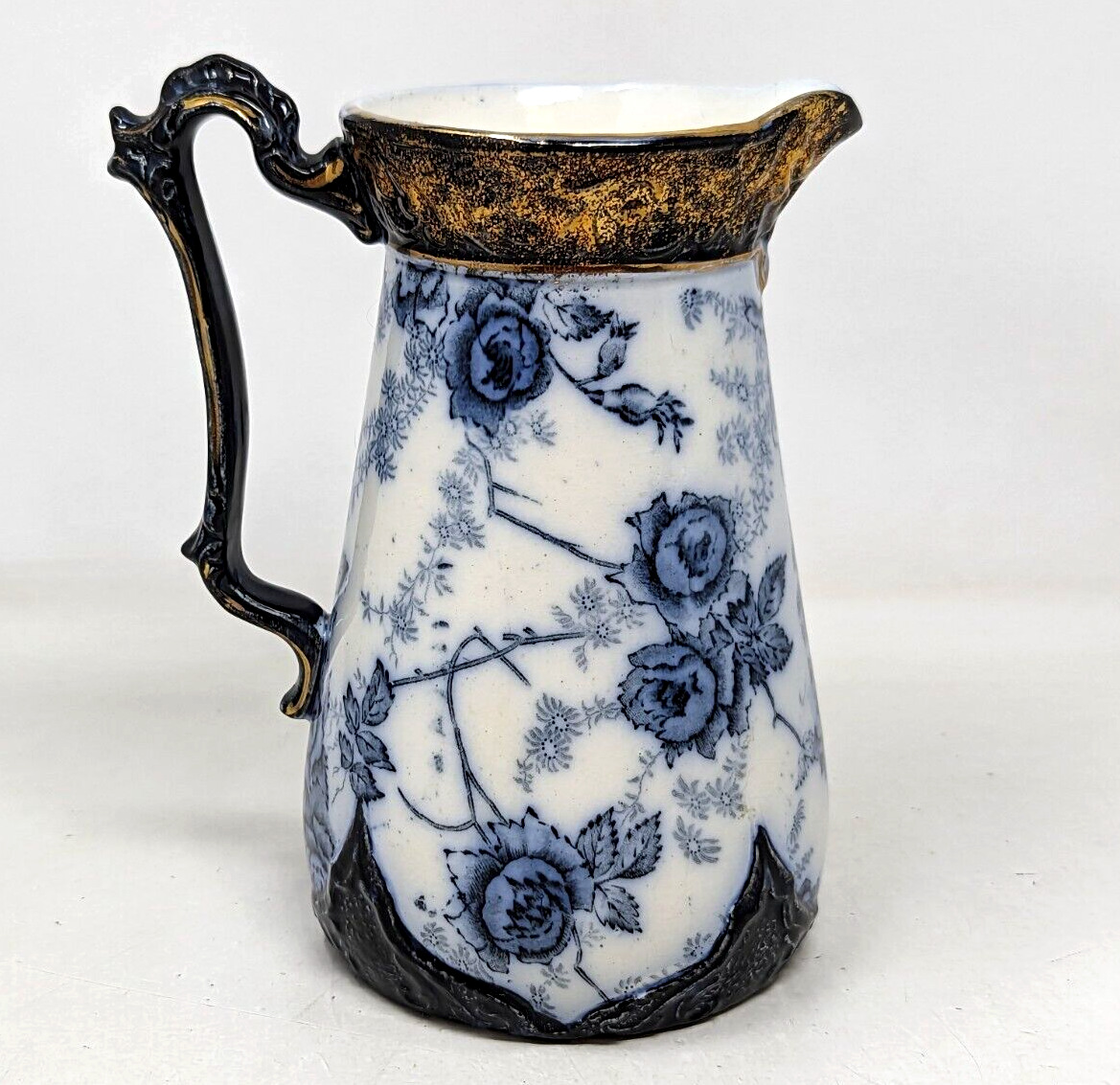 Antique Victorian CWS Flow Blue Floral Rose Gold Gilt Porcelain Pitcher Jug OC23