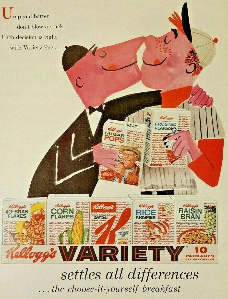 Vintage Life Magazine Ad 1958 Kellogg\'s Variety Cereal 10 Pack Ad Baseball