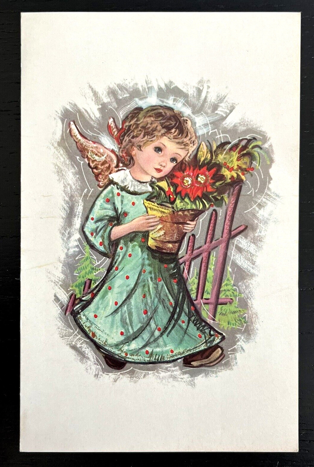 Vintage 60s Reproducta Christmas Angel Wings Girl Poinsettia Greeting Card Cute