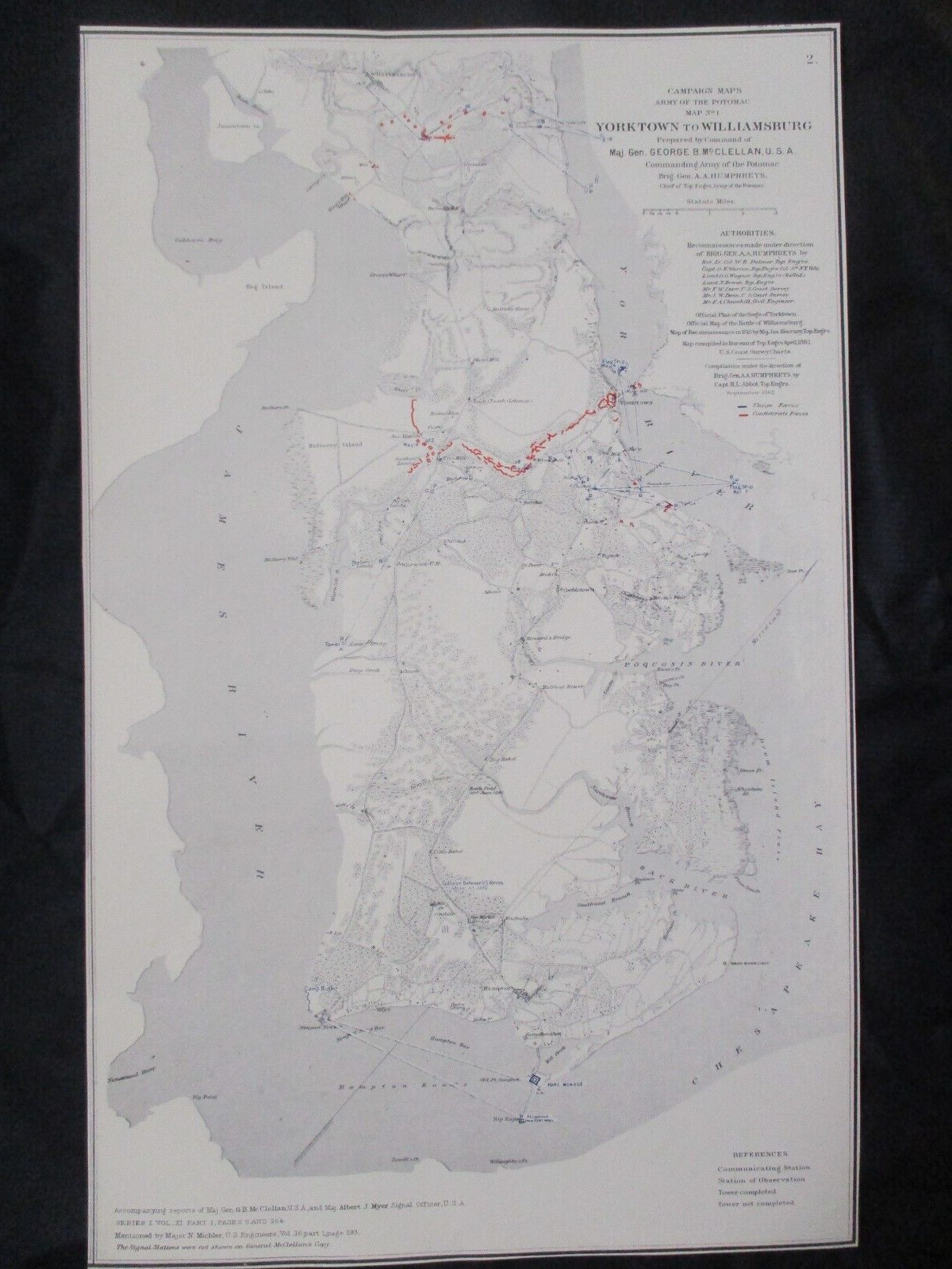 1958 Civil War Map Print - Gen. McClellan Map, Yorktown to Williamsburg, 1862