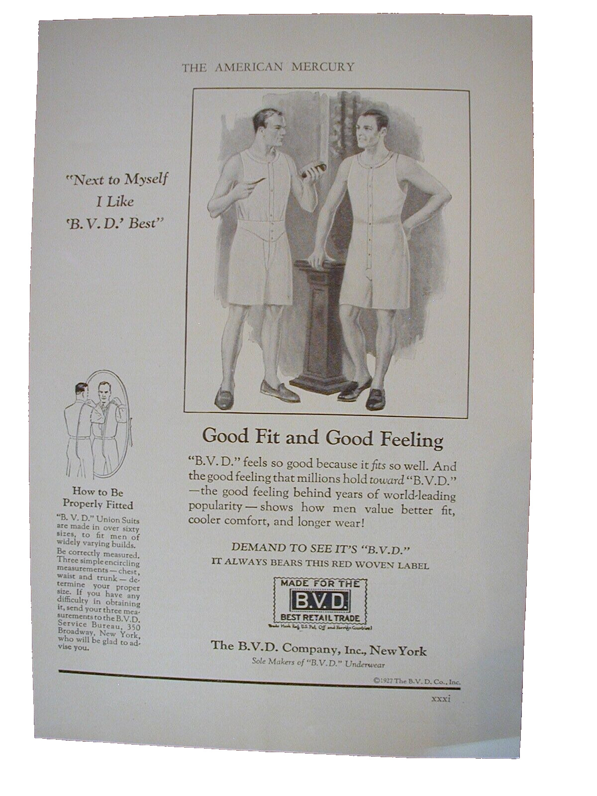 1927 BVD Men's Unerwear Good Fit and Good Feeling Vintage PRINT AD LO67