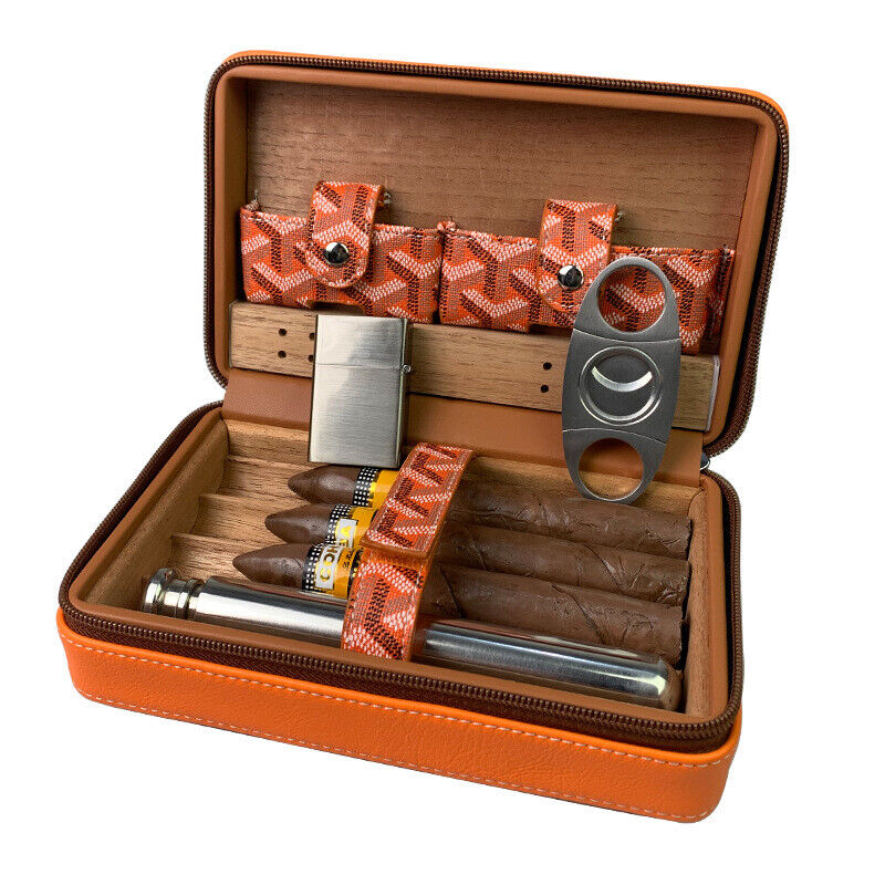 Portable Leather Cedar Wood Humidor Cigarette Case Bag 4 Travel Cigar Holder